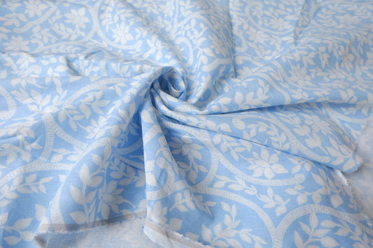 Sky Blue Vine Motif Structured Cotton Linen — 1.64 yd