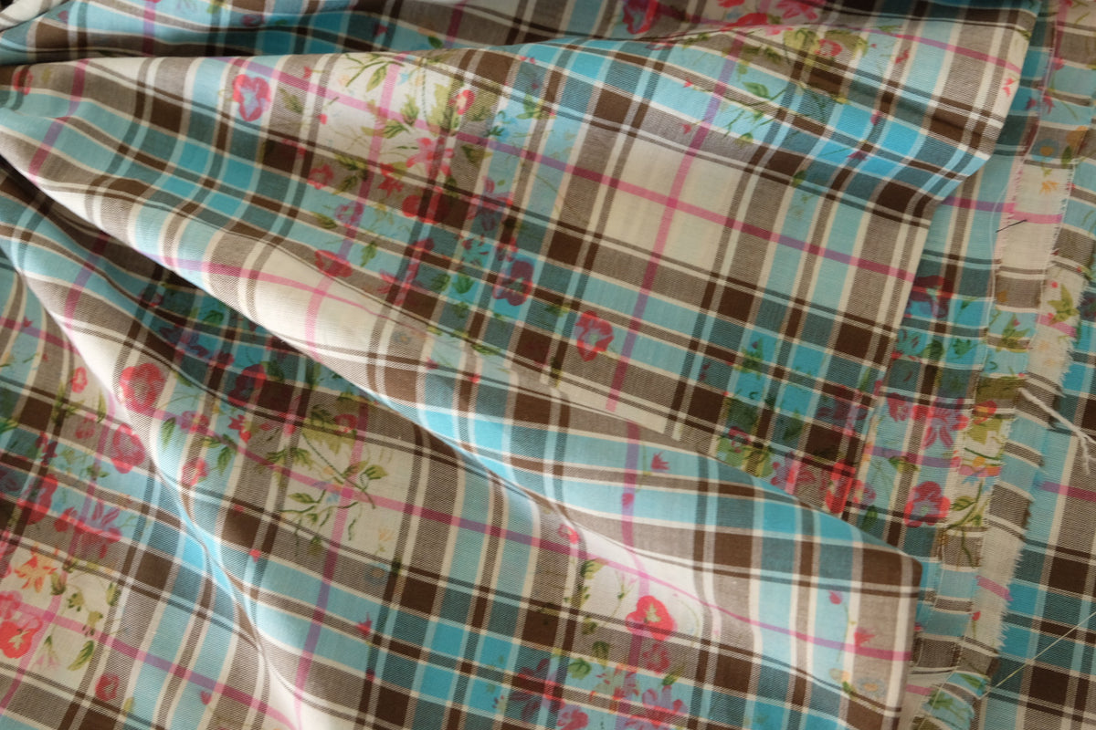 Aqua & Brown Floral Plaid Cotton – 3.3 yd