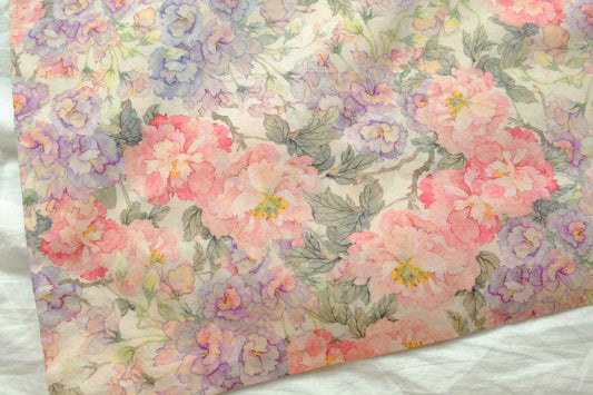 Pastel Peony Cotton Poplin, 80s Lightweight Floral Fabric, 1.97 Yards