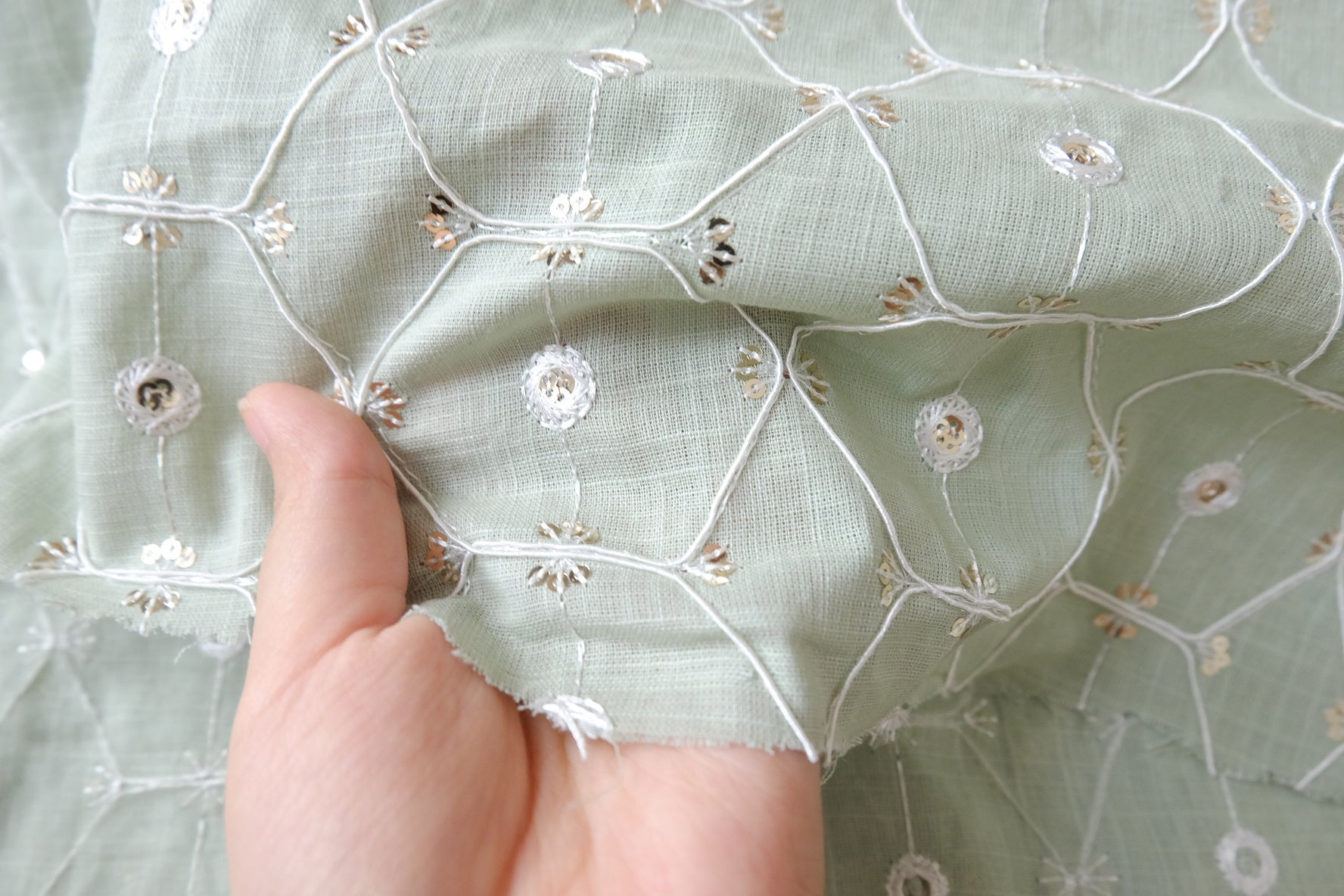 Sage Embroidered Linen Cotton with Sequin Detail, 2.19 Yards