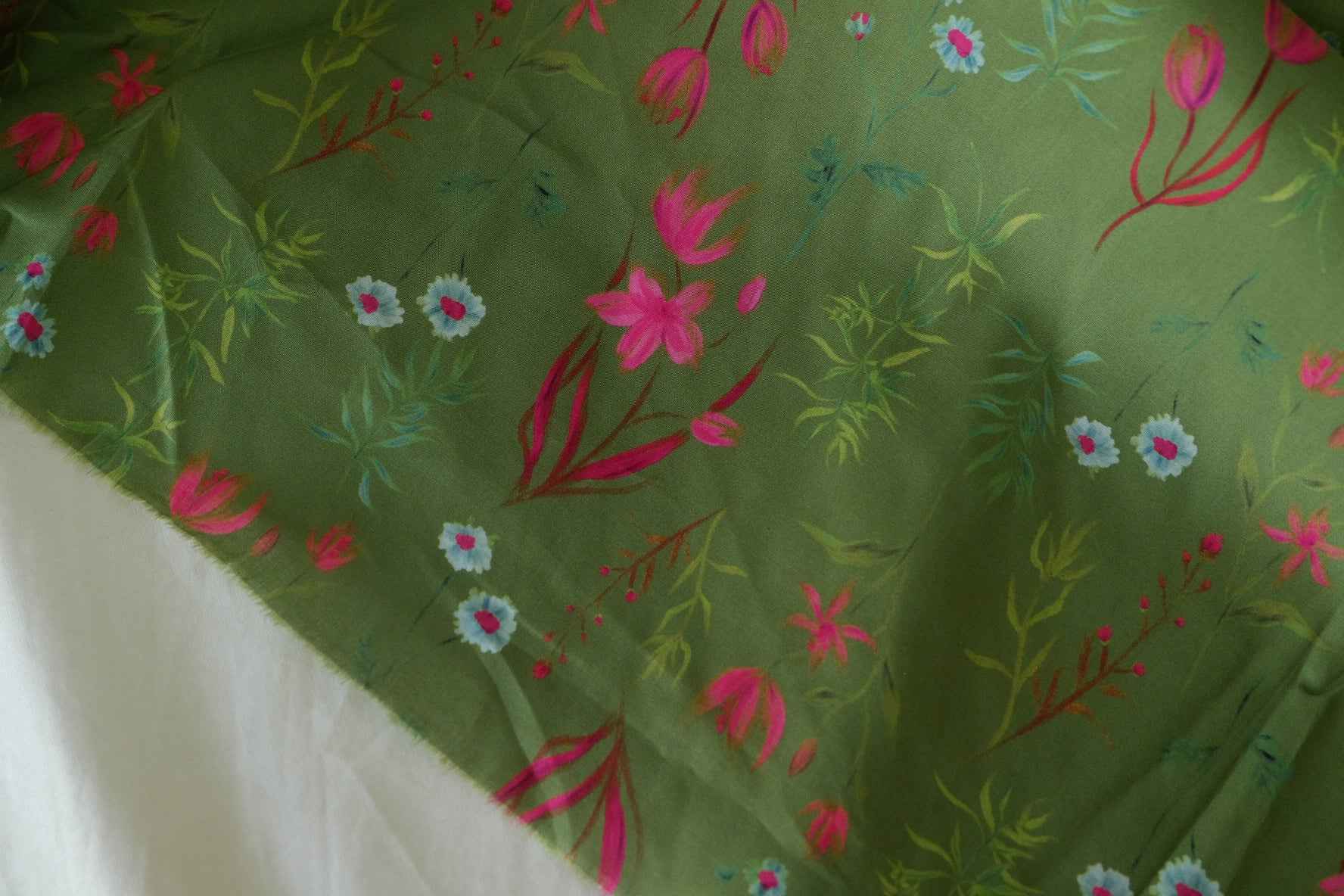 Olive Green Floral Cotton Lawn Fabric – 3.3 yd