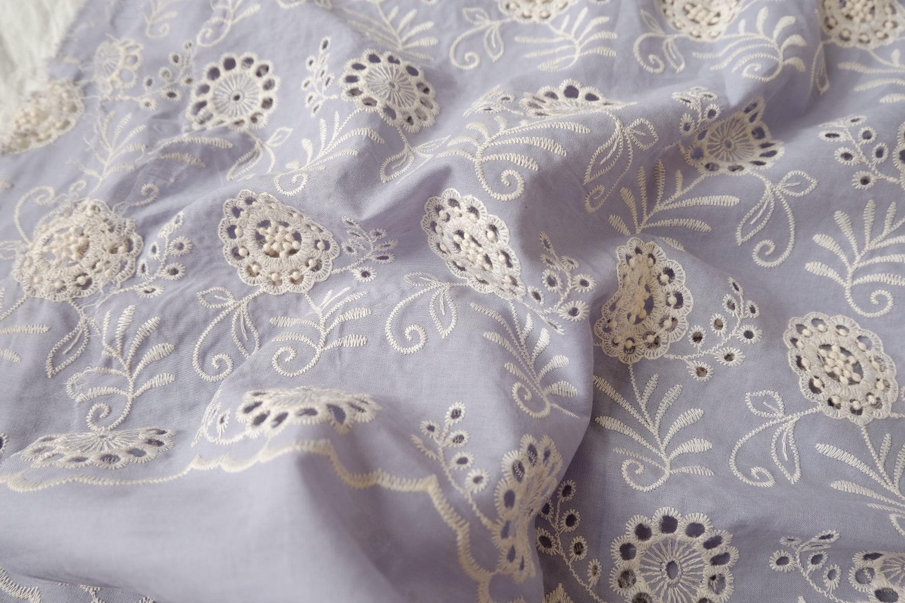 Blue Embroidered Eyelet Cotton Blend with Scalloped Edge, 2.19 Yards