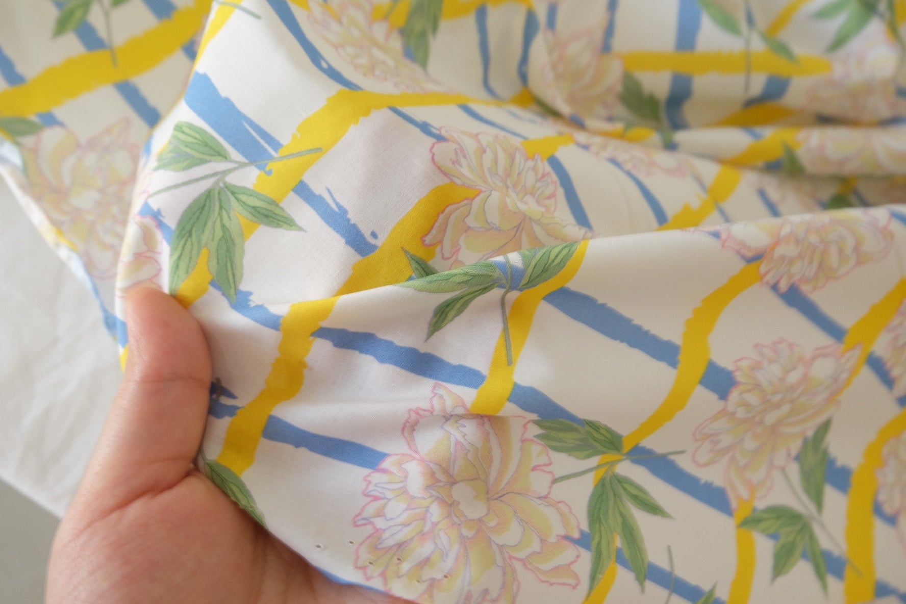 Sunny Stripe Floral Cotton Lawn Fabric – Yellow Blue Garden Print (1.9 yd Cut)