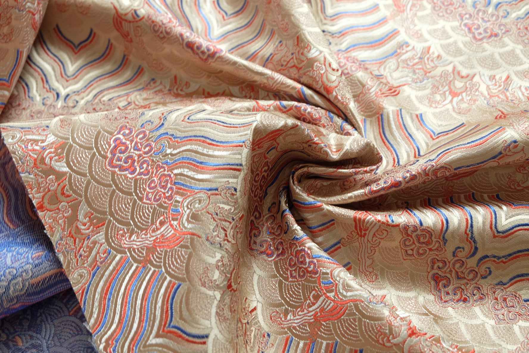 Oriental River Brocade Satin Fabric, Traditional Woven Motif, 2.19 Yards