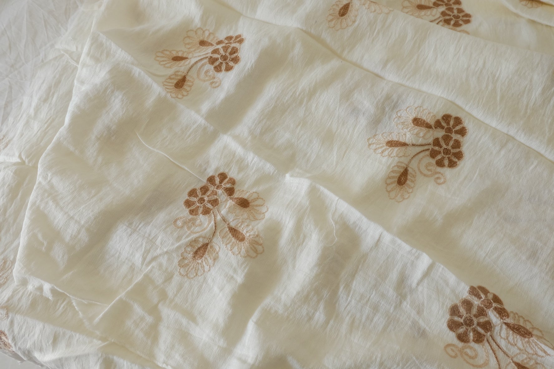 Ivory Floral Embroidered Tencel Nylon Fabric, 3.28 Yards