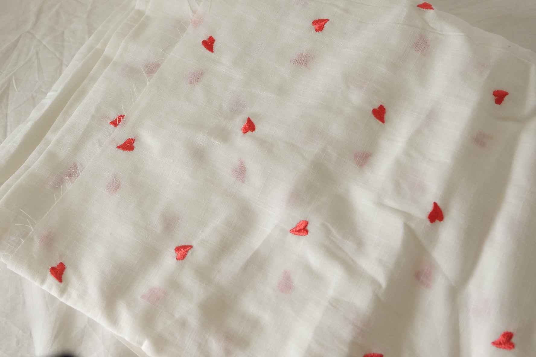 Embroidered Red Heart Slub Cotton Linen Fabric – 2.2 Yards