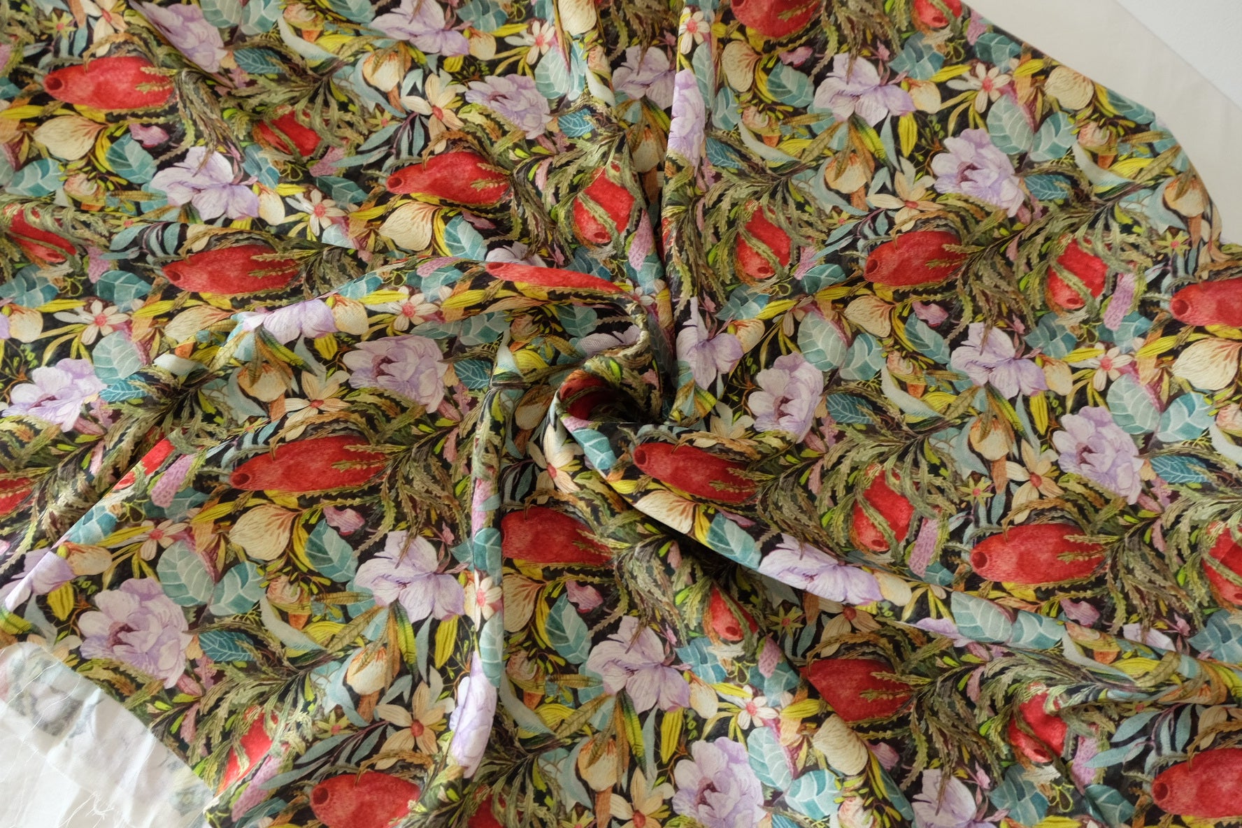 Silky Rayon Satin Fabric – Tropical Botanical Print on Black – 2.2 yd