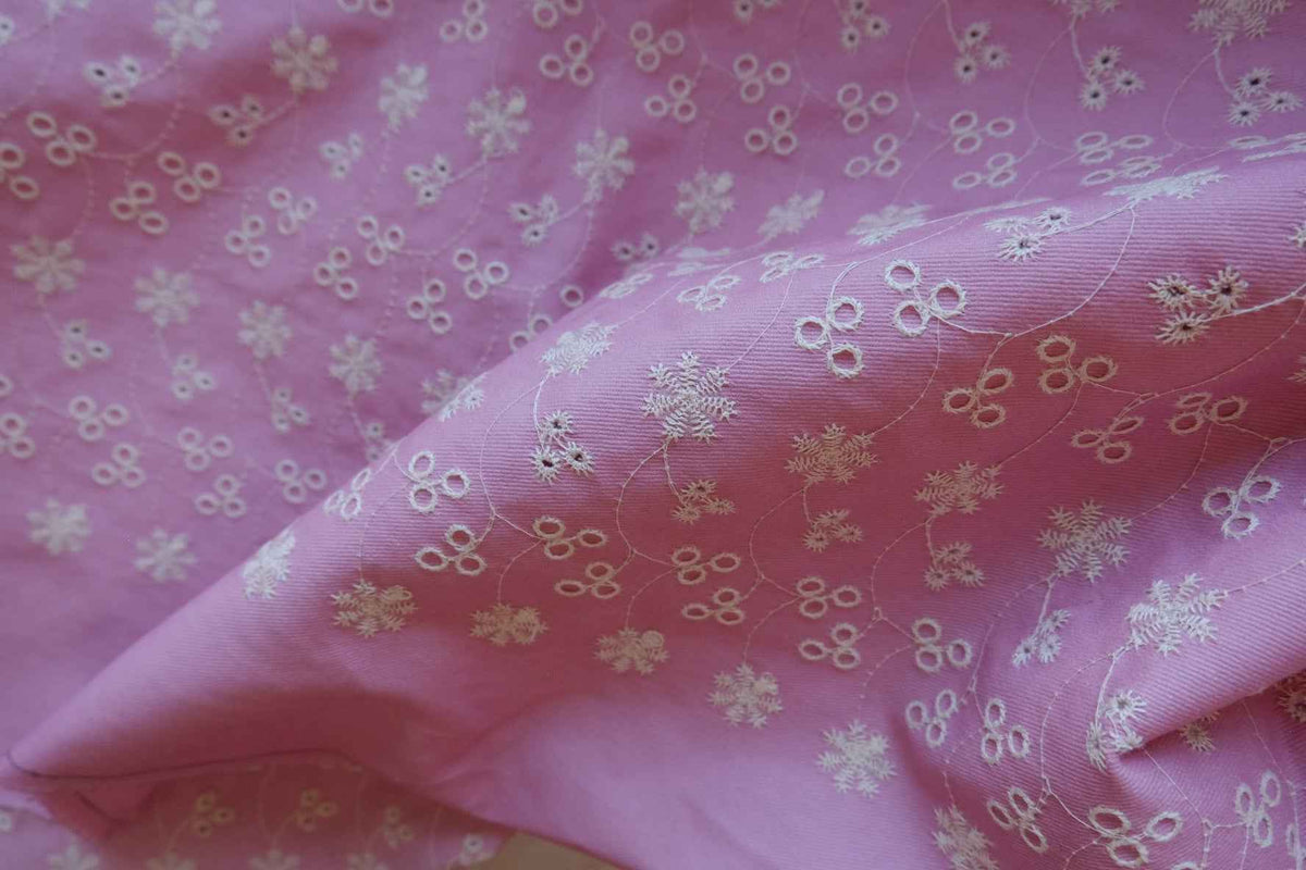Dusty Rose Floral Embroidered Cotton Denim Fabric – 2.19 yd