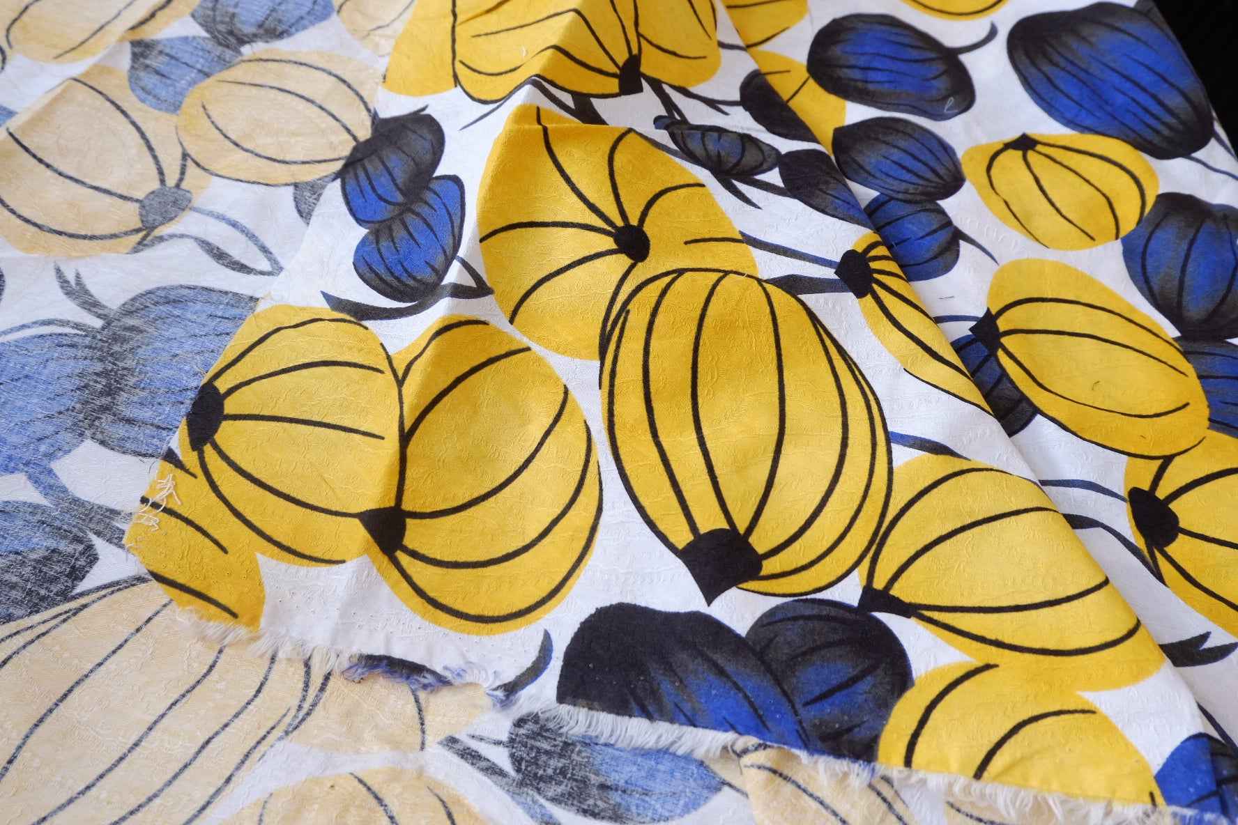 Bold Yellow Blue Botanical Jacquard Cotton Linen Fabric - 1.53 yd