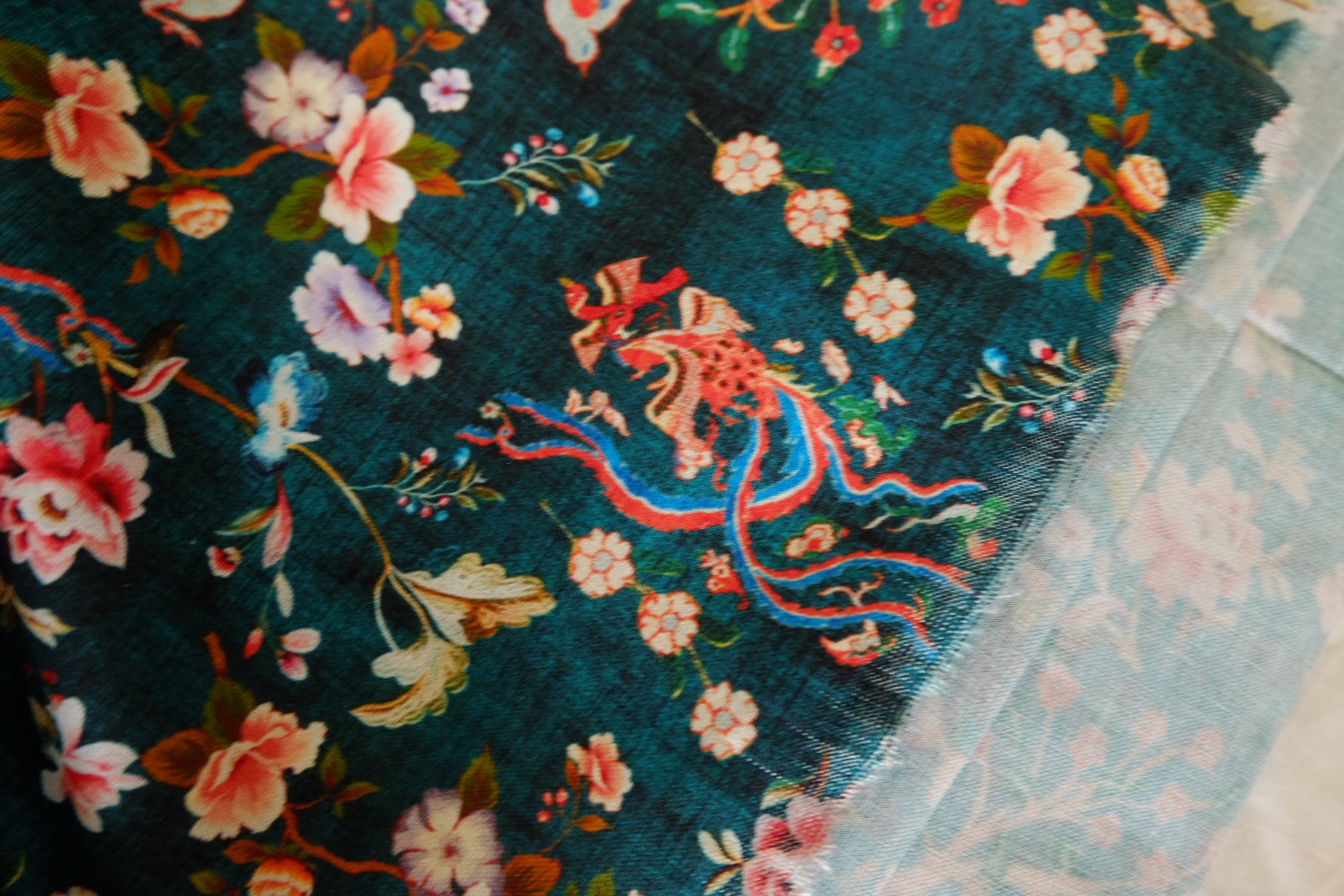 Teal Chinoiserie Floral Bird Cotton Fabric - 2.2 yd