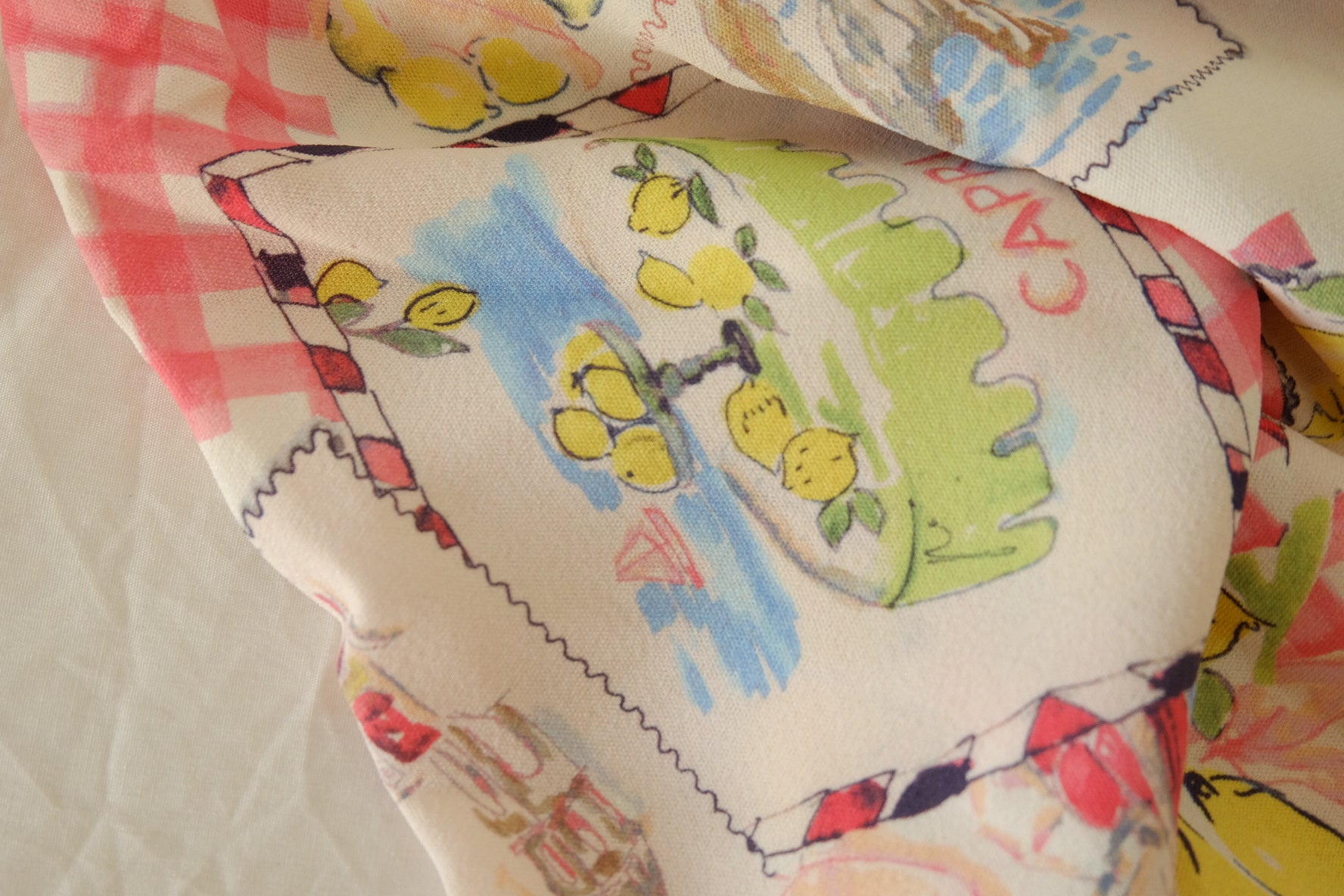 Rayon Chiffon Print Fabric – Italian Lemon & Postcard Patchwork -3.3 yds