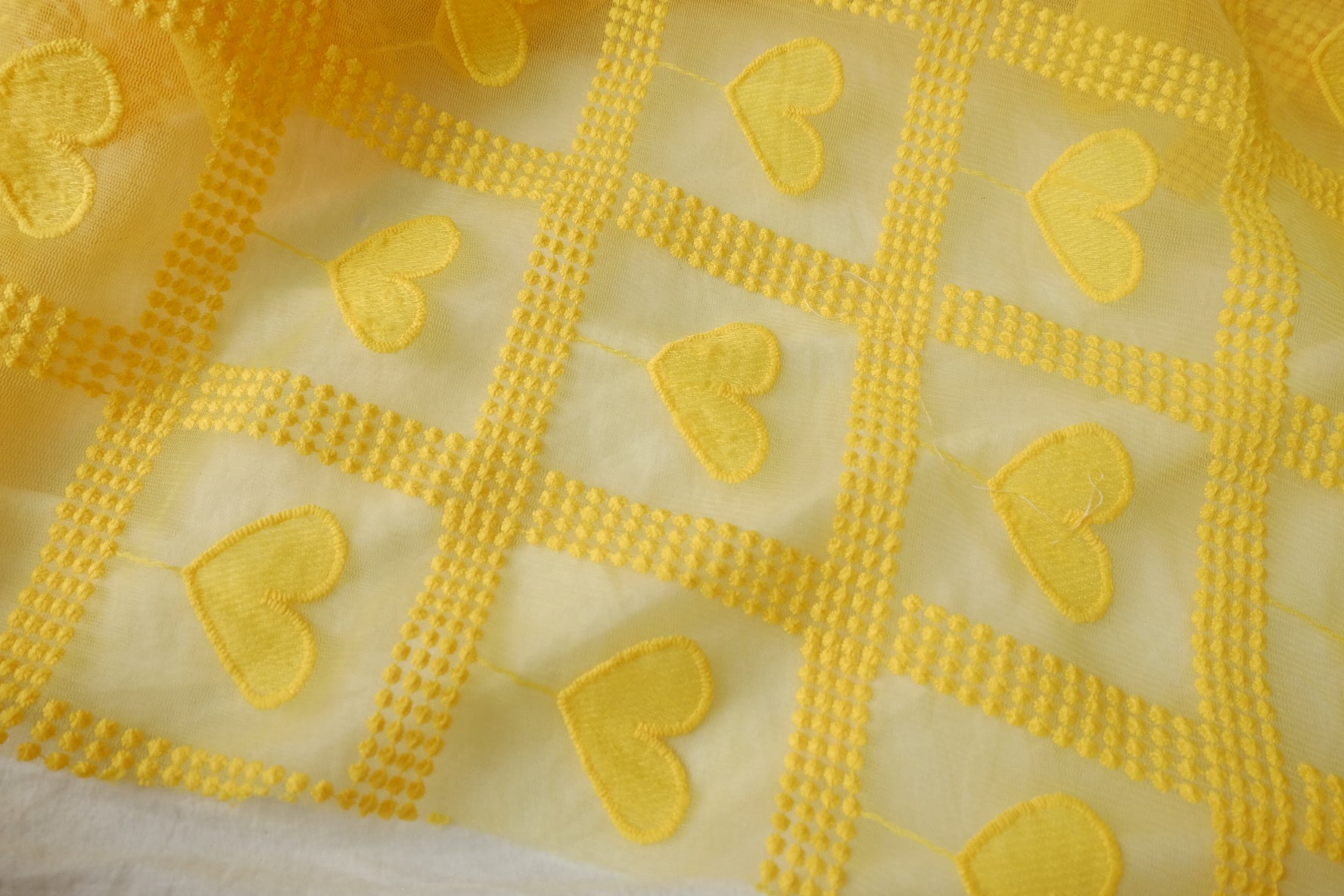 Yellow 3D Embroidered Heart Mesh Fabric - 3.28 yd