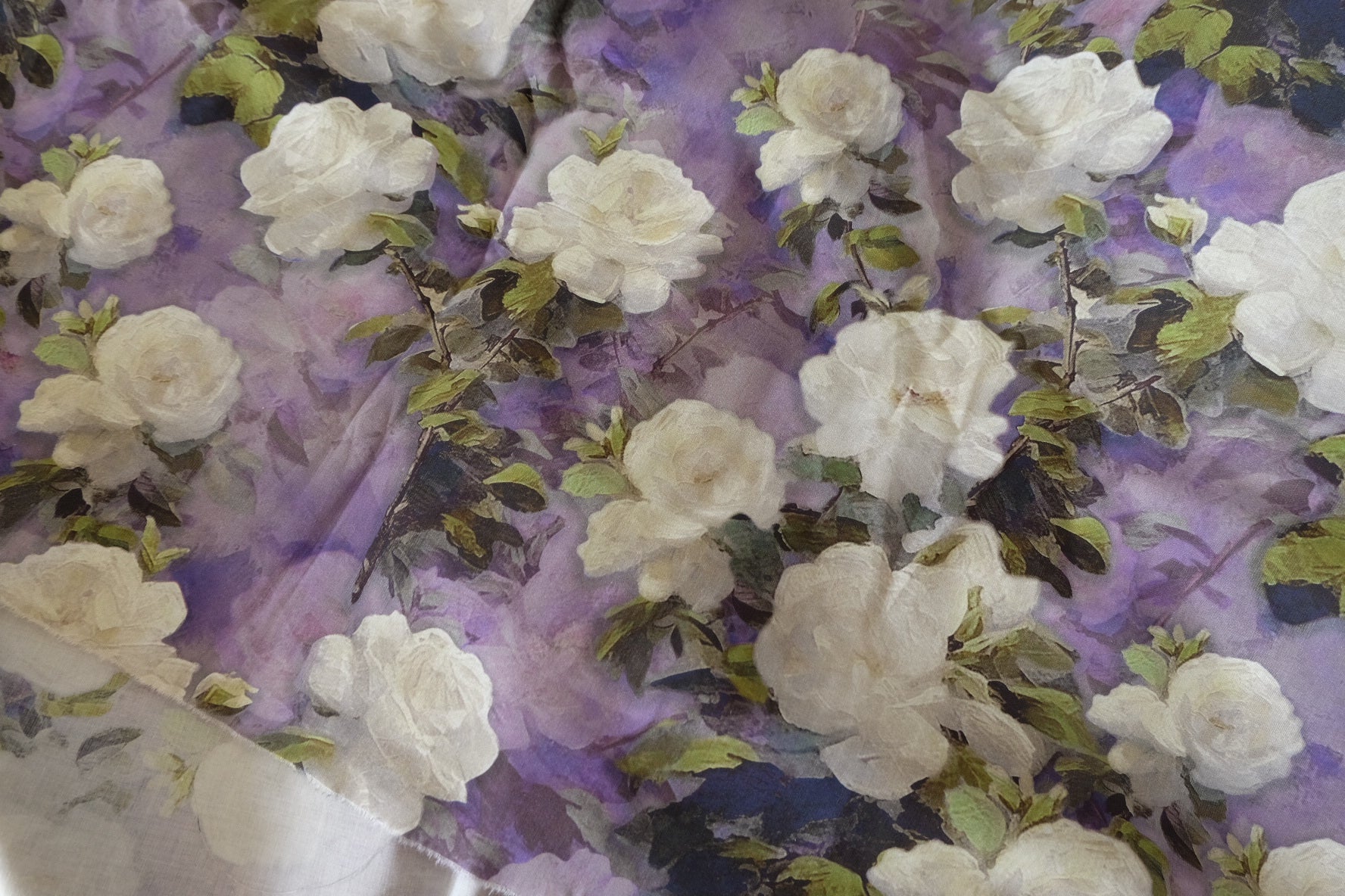 Painterly White Rose 60s Cotton Poplin Fabric - Per Meter