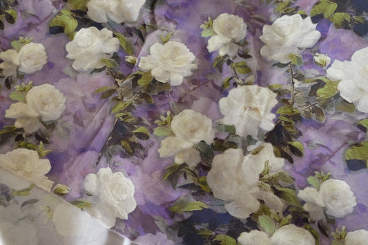 Painterly White Rose 60s Cotton Poplin Fabric - Per Meter