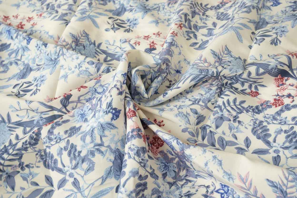 Blue Botanical Lyocell Nylon Fabric, Lightweight Breathable Dress Weight, 3.28 Yards