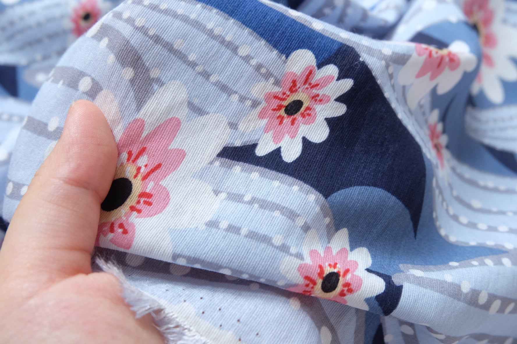 Blue Cactus Floral Cotton Rayon Fabric, Lightweight Summer Dress Weight, 2.19 Yards