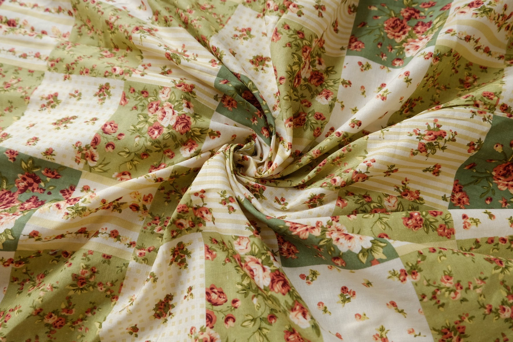 Patchwork Floral Cotton, Vintage Green Palette, 1.6 Yards