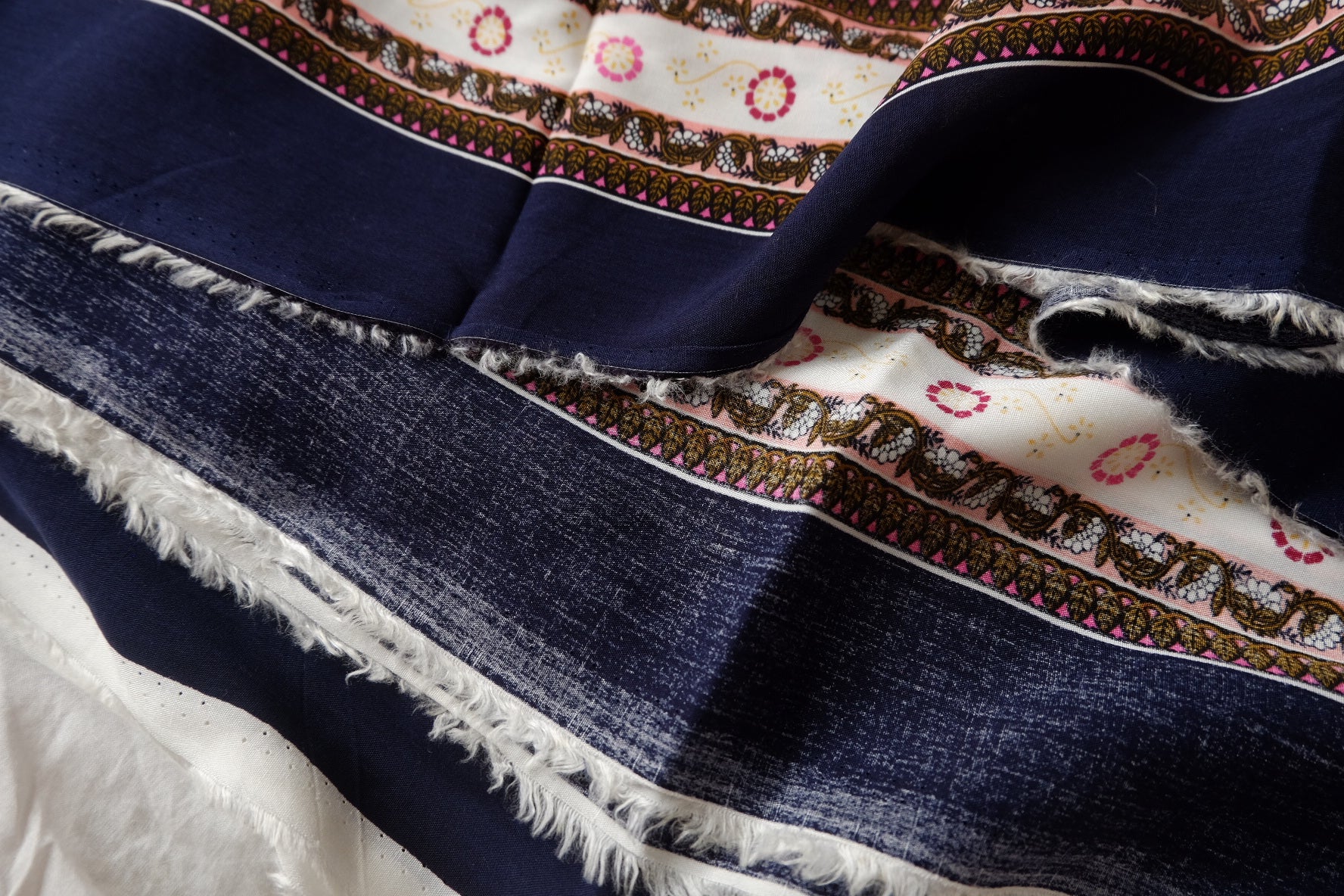 Double Border Floral Rayon Fabric in Navy and Pink, Soft & Drapey, 3.3 Yards