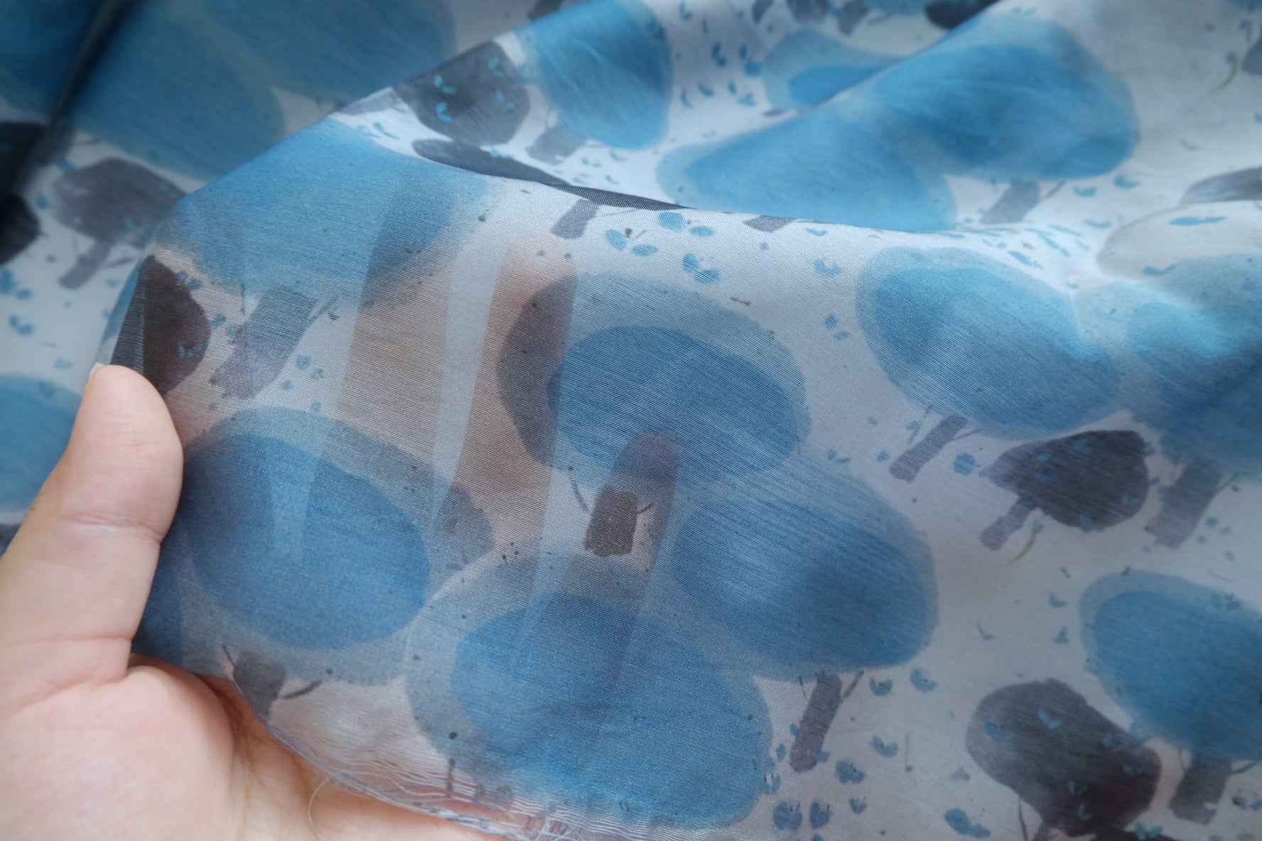 Blue Watercolor Trees Tencel Linen Sheer Fabric - 4.70 yd