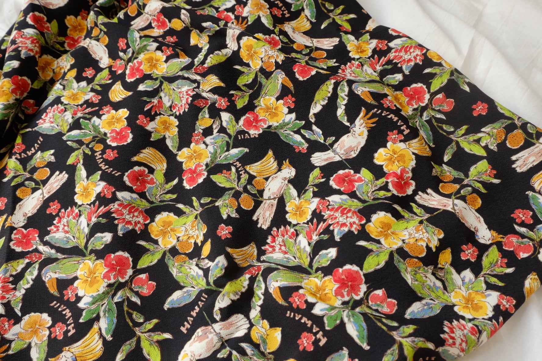 Tropical Bird Rayon Jacquard Satin Fabric, Textured Silky Dress Weight, 2.19 Yards