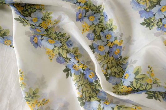 Blue Floral Cotton Silk Blend Fabric – 3.3 yd