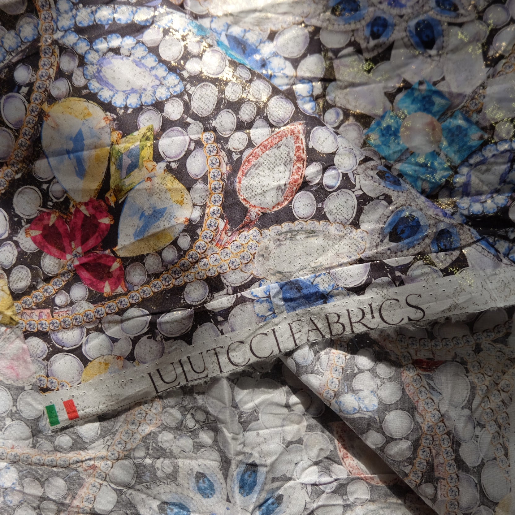 Italian Jewel Print Cotton Lawn Fabric – Metallic Fashion Fabric (1.09 yd)