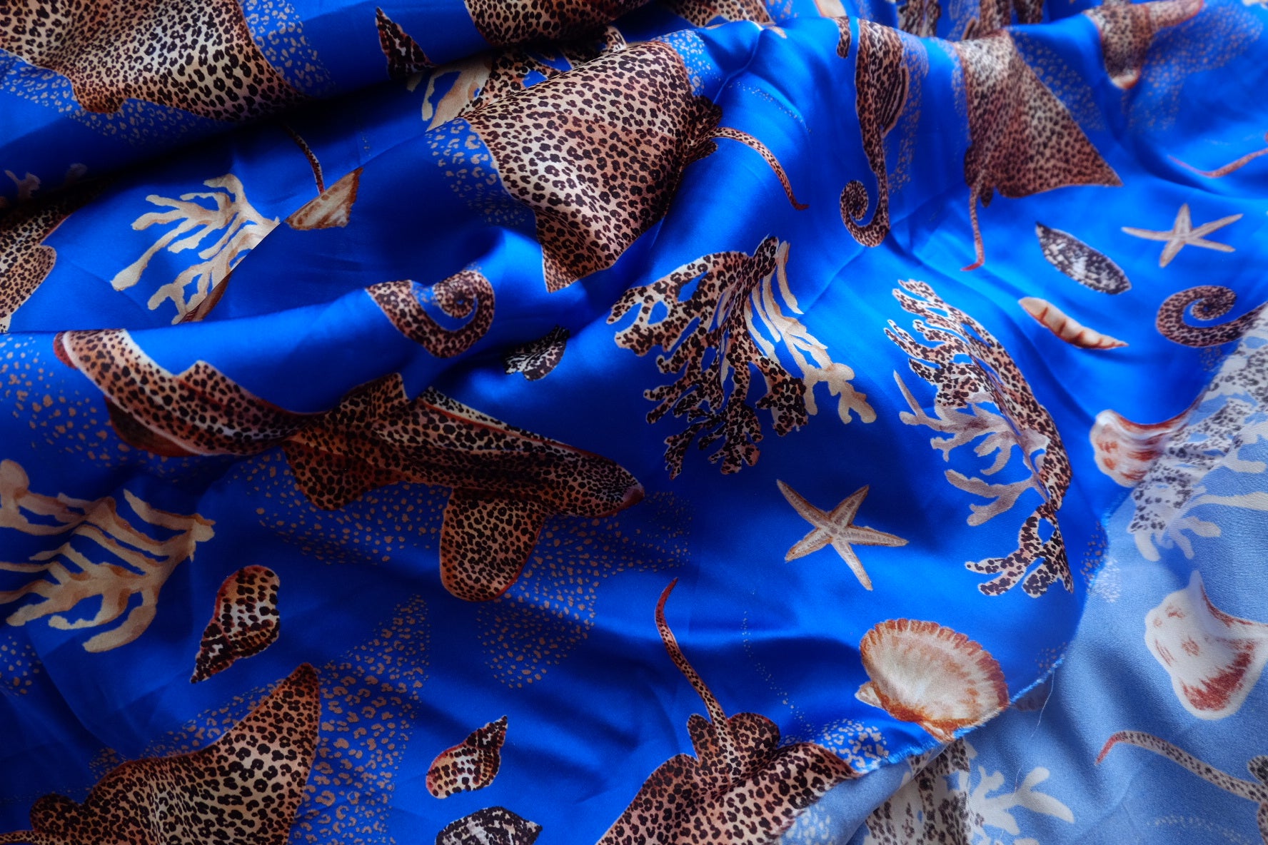 Ocean Blue Satin Rayon Sea Life Fabric - 3.28 yd