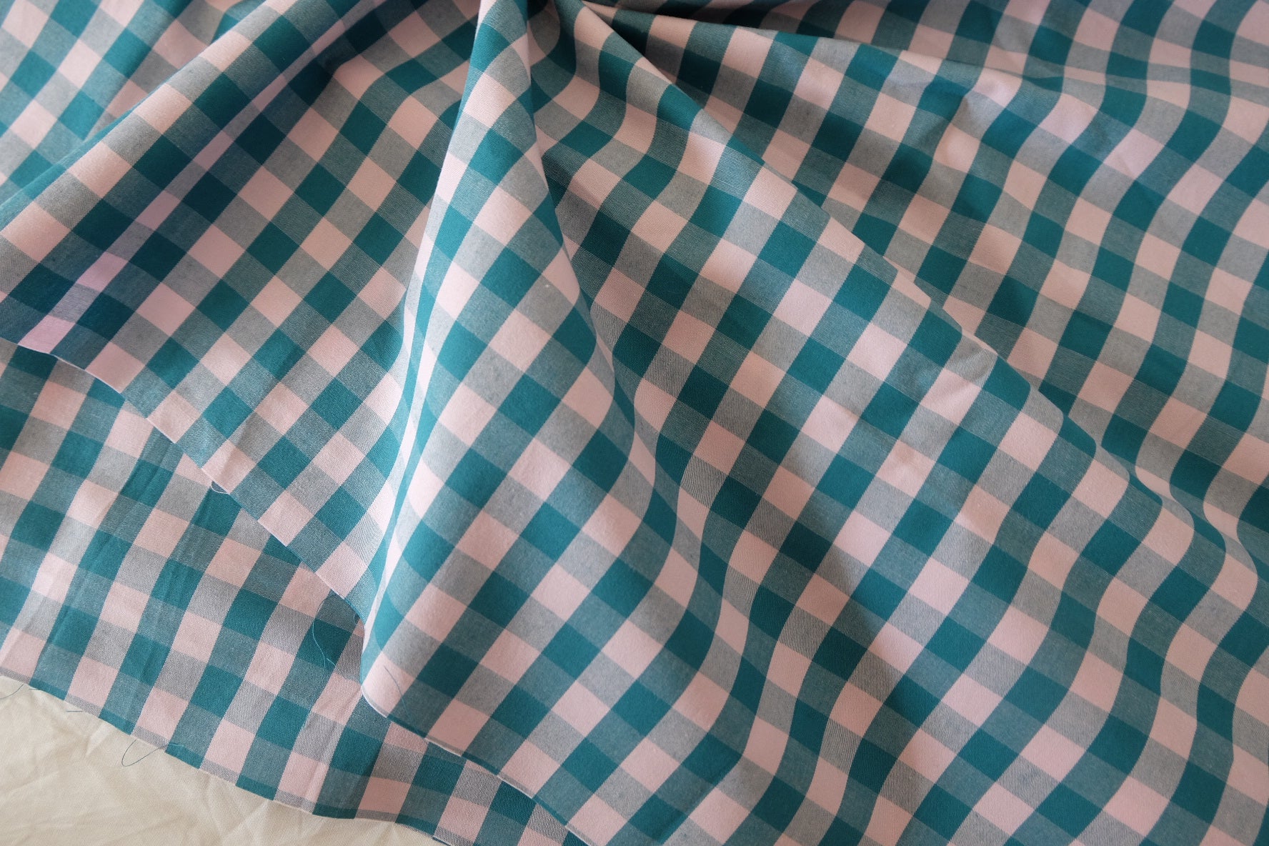 Japanese Yarn-Dyed Cotton Gingham Fabric in Teal Pink - 3.3 yd