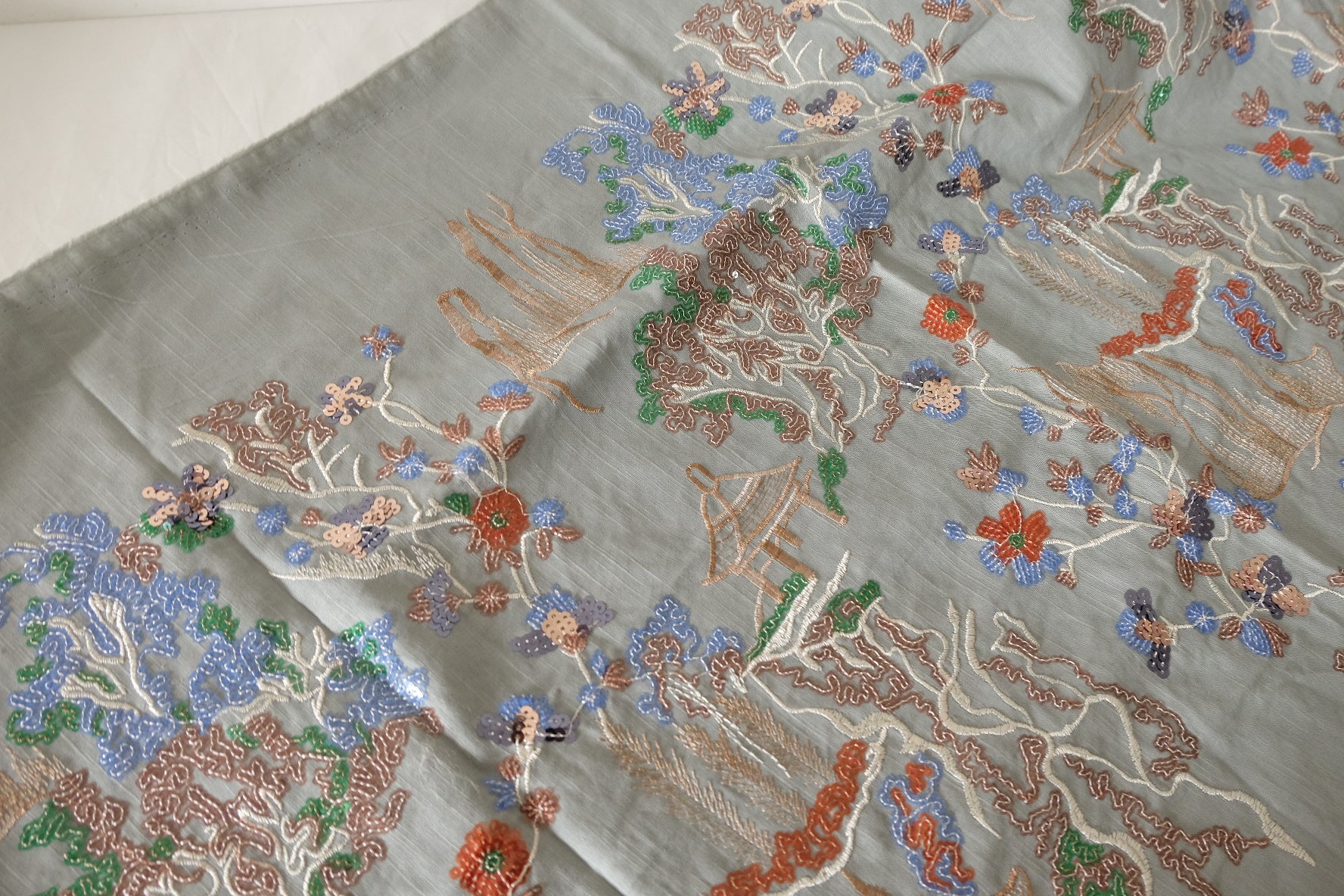 Hand Embroidered Sequin Beaded Landscape Cotton Linen Fabric – 2.2 yd