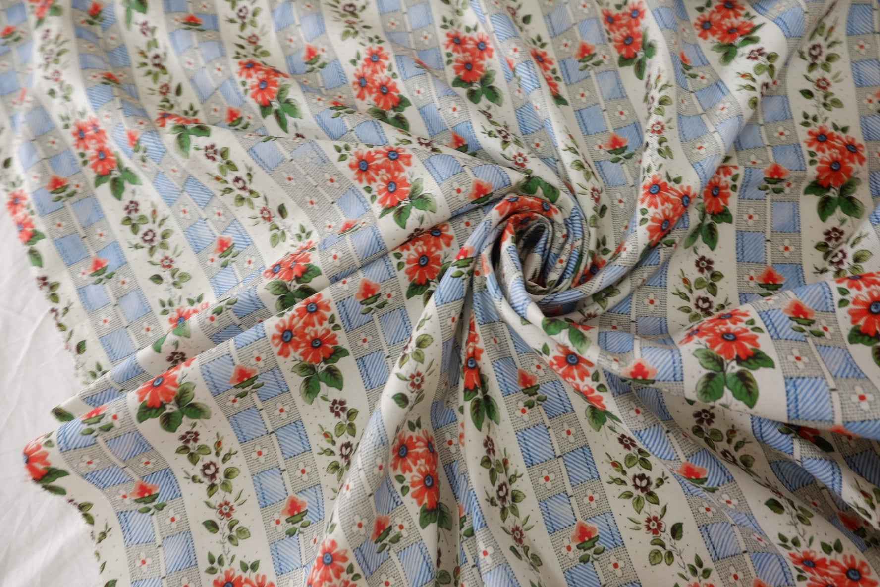 Vintage Blue Check Floral Cotton Lawn – 3.3 yd