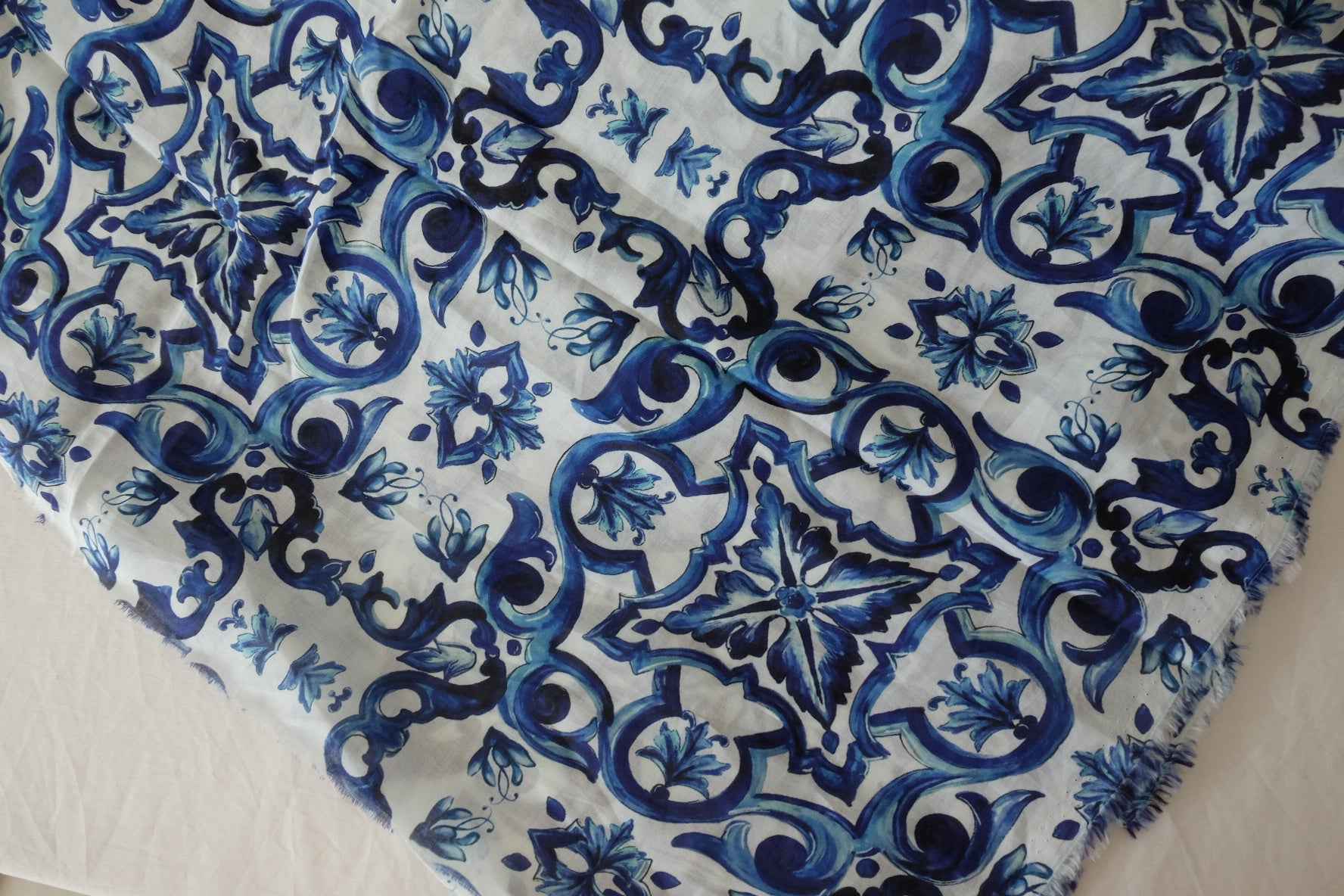 Blue Tile Border Print Cotton Voile Fabric – 3.3 yd