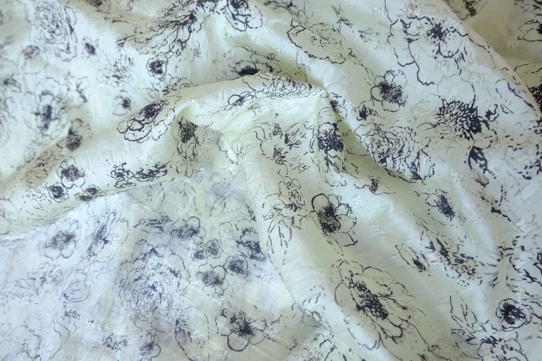 Ivory Sketch Floral Textured Polyester Fabric - 4.37 yd