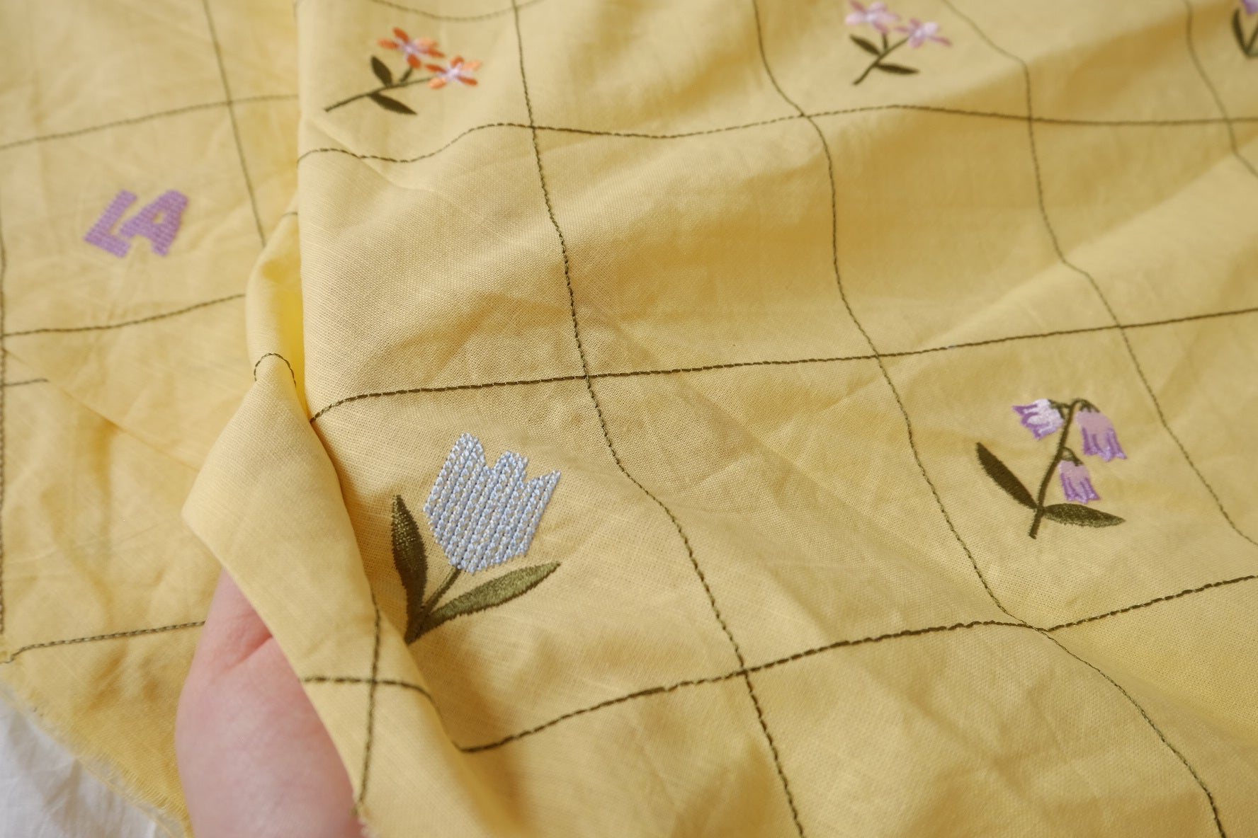 Yellow Embroidered Grid Linen Cotton, 2.19 Yards