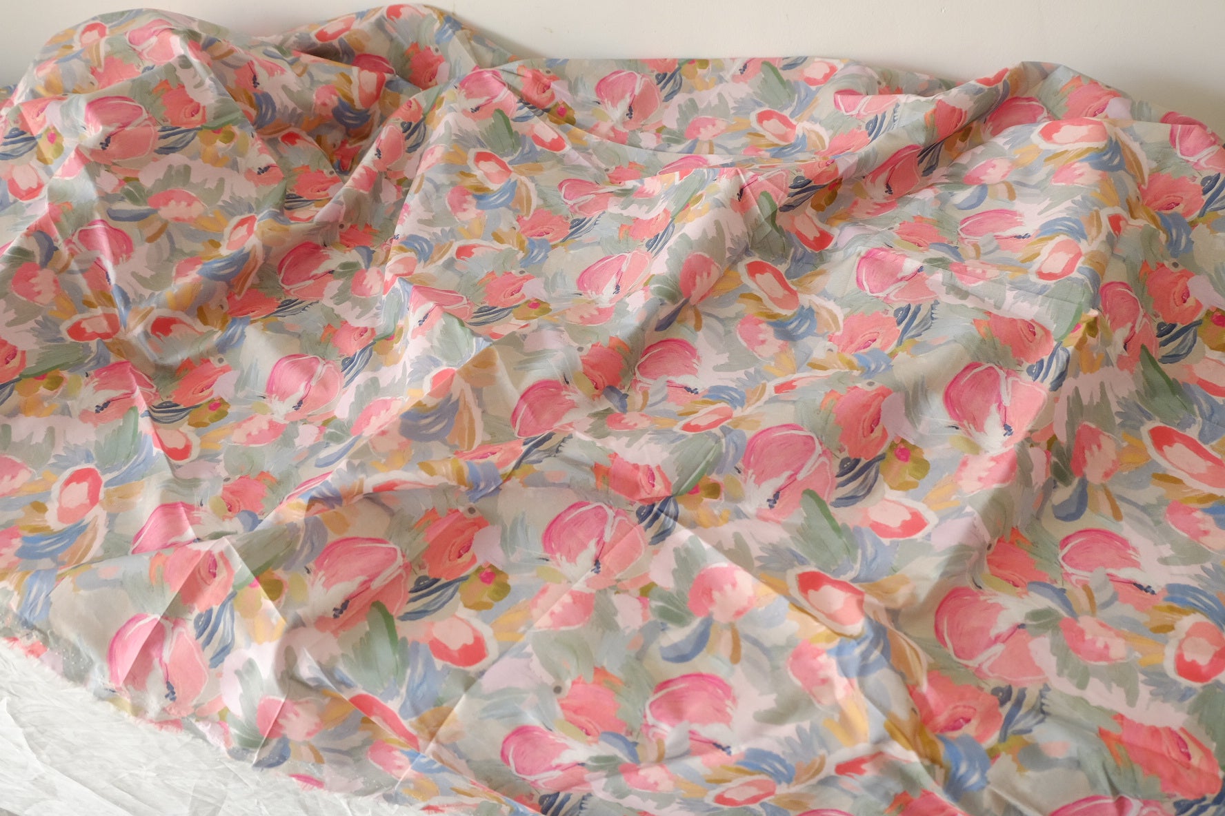 Coral Rose Painted Bouquet Cotton Lawn Fabric – 3.83 yd Piece