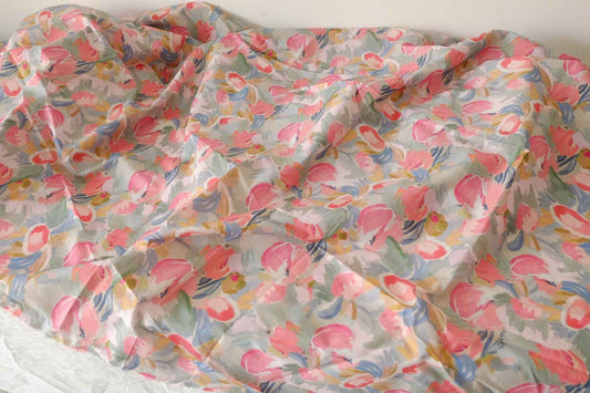 Coral Rose Painted Bouquet Cotton Lawn Fabric – 3.83 yd Piece