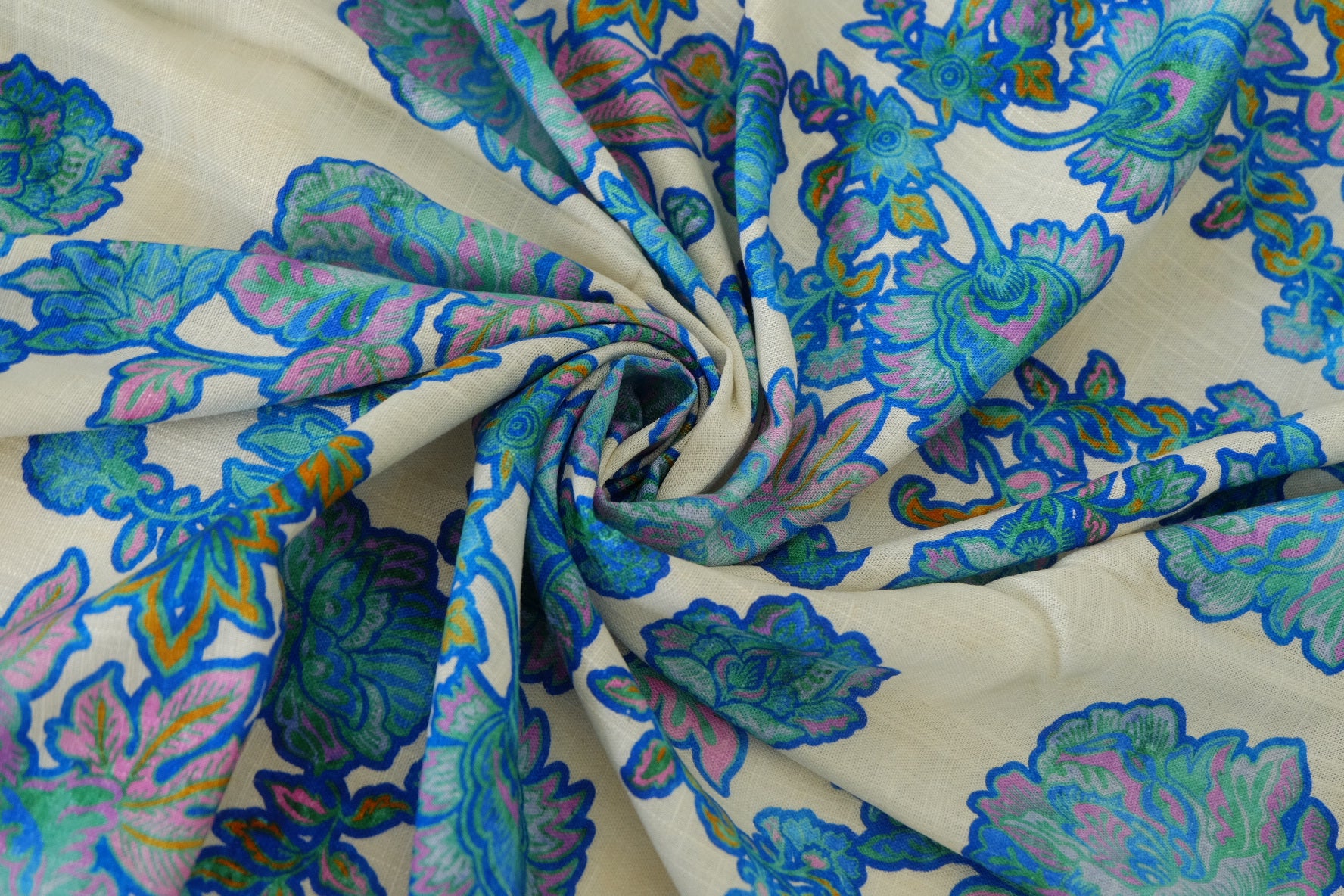Blue Paisley Floral Linen Cotton Blend Fabric – 2.2 yd