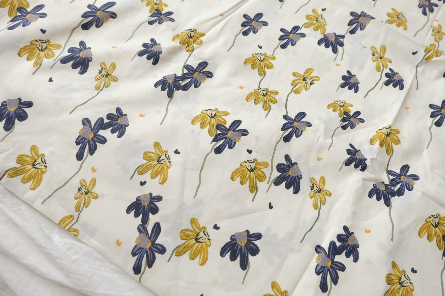 Hand-Drawn Yellow & Navy Floral Cotton Lawn Fabric - 3.28 yd