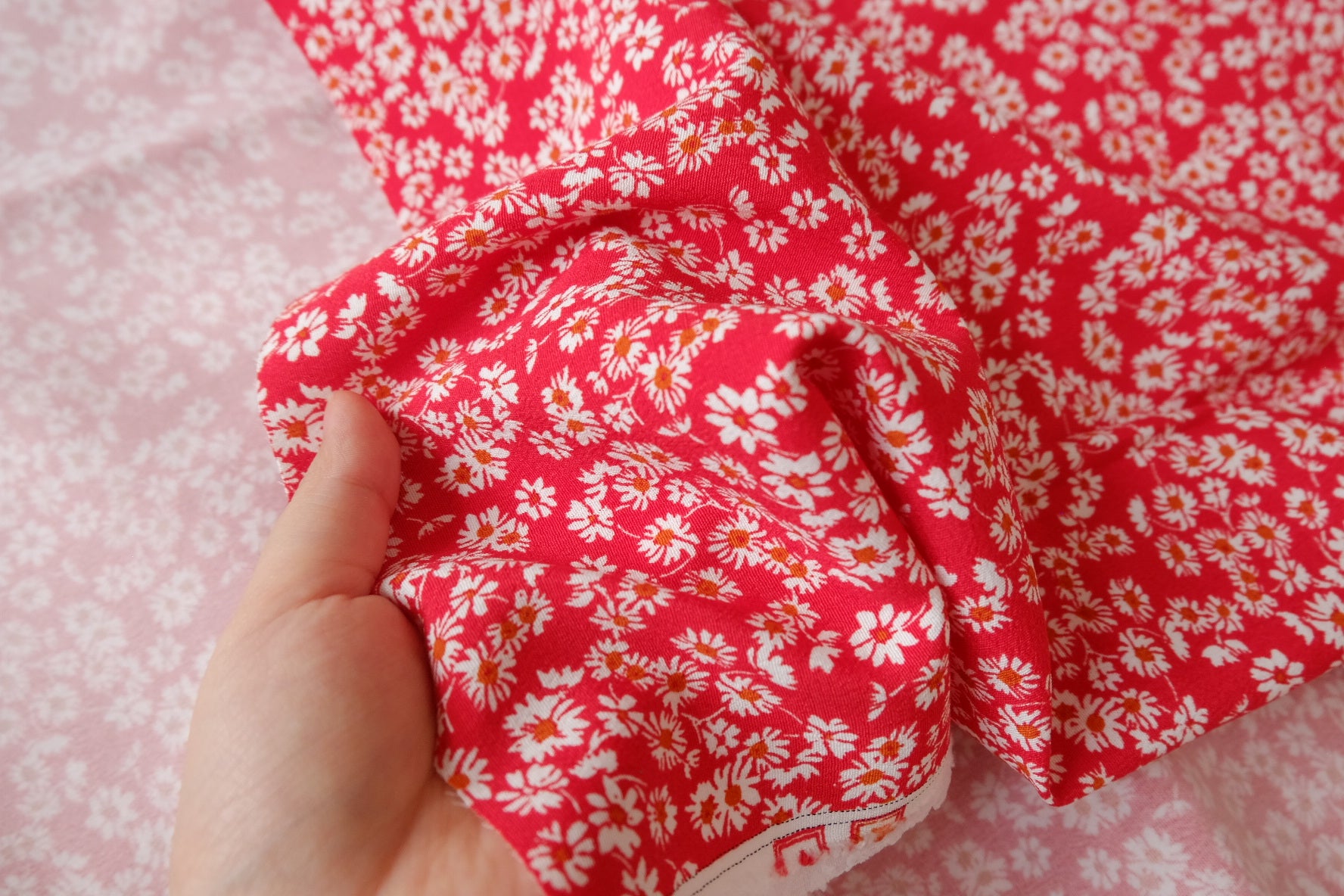 Red Ditsy Floral Cupro with Removable Backing, 2.19 Yards