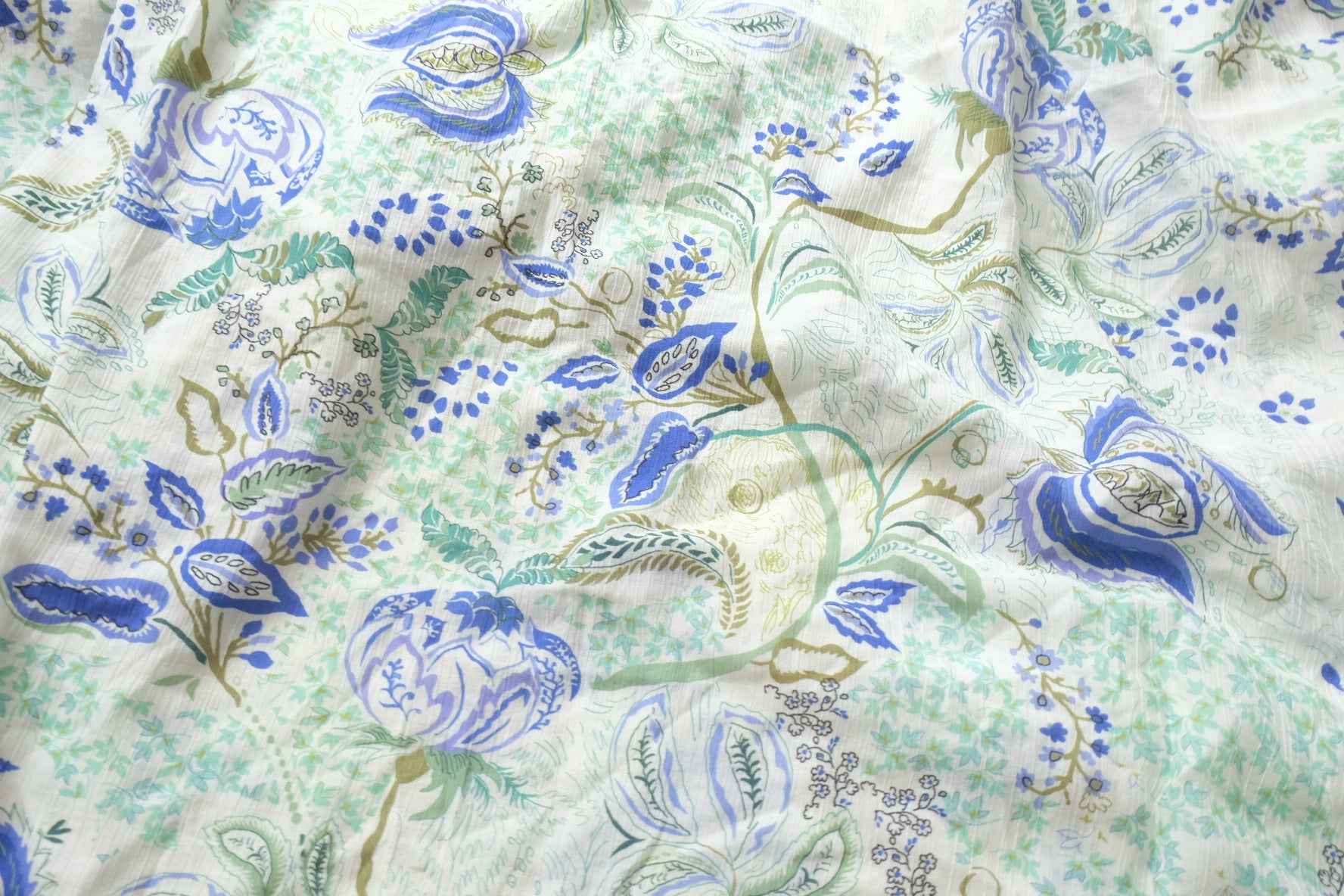 Blue Green Abstract Botanical Tencel Cotton Fabric, Soft Lightweight Dress Weight, 1.64 Yards