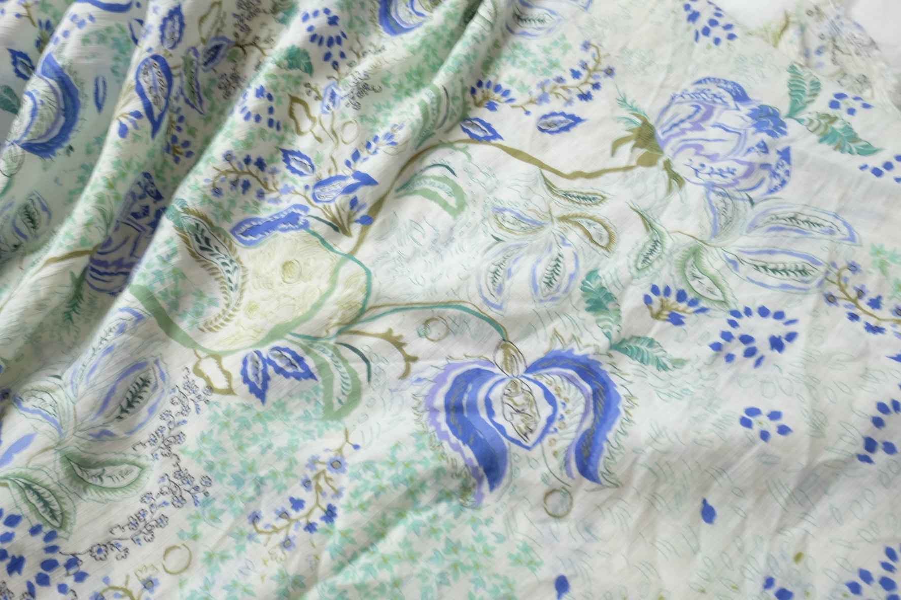 Blue Green Abstract Botanical Tencel Cotton Fabric, Soft Lightweight Dress Weight, 1.64 Yards