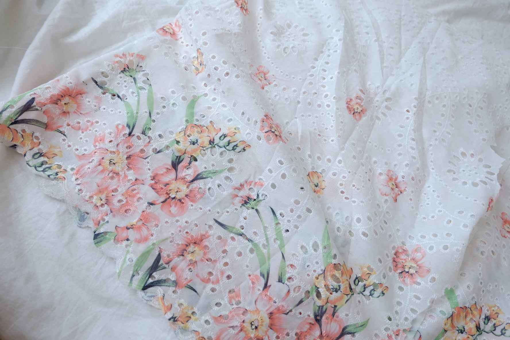 Floral Eyelet Embroidered Cotton Linen Fabric - 3.28 yd