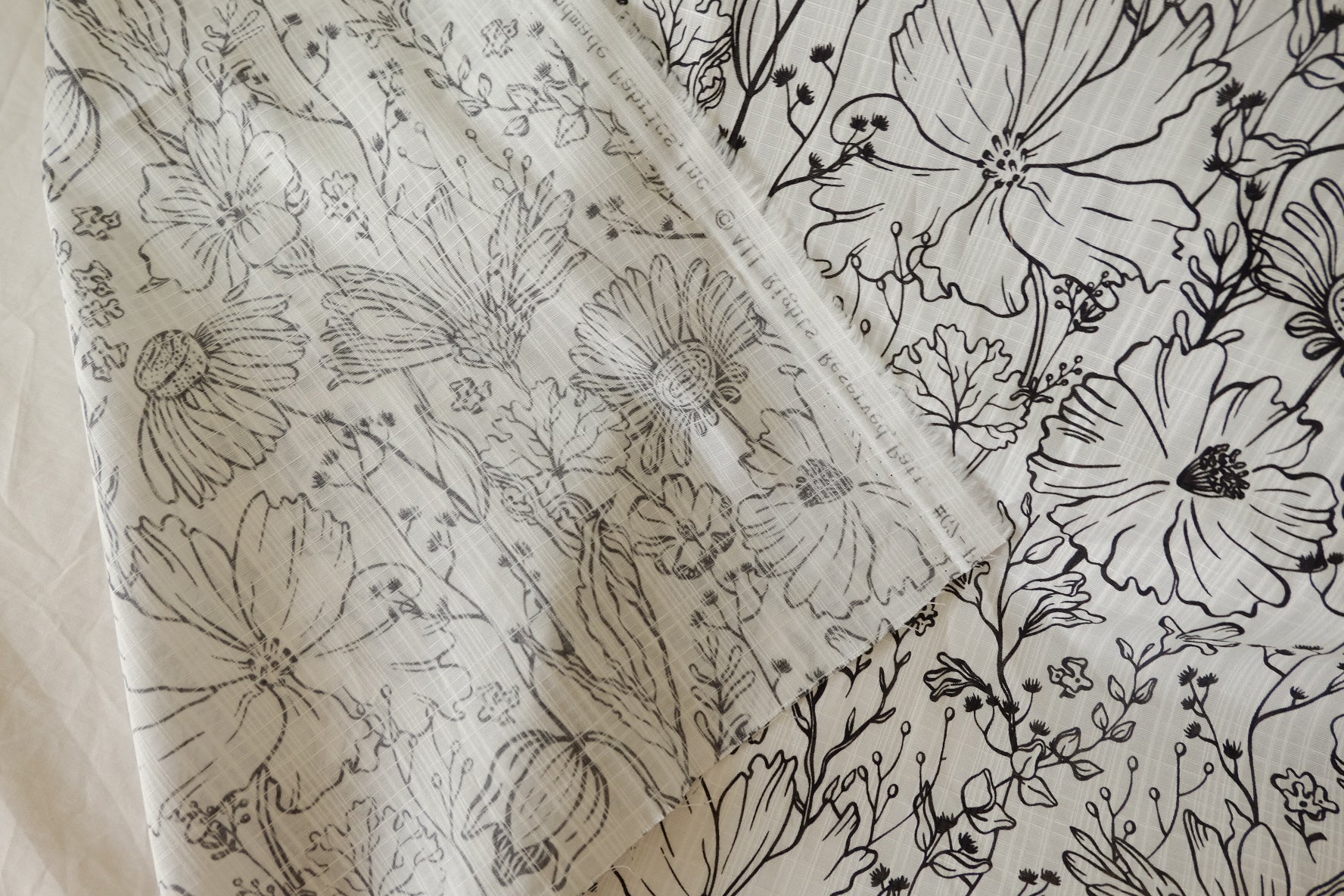Black Line Floral Slub Cotton Fabric – 1.6 yd