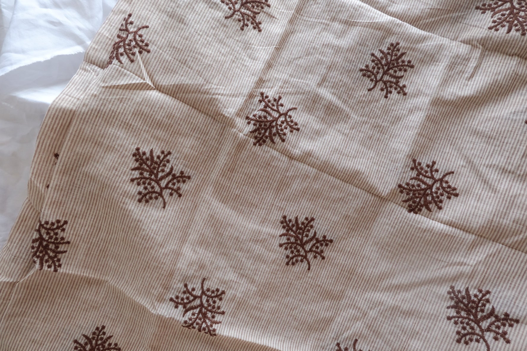 Brown Embroidered Stripe Cotton-Linen Fabric - 1.59 yd