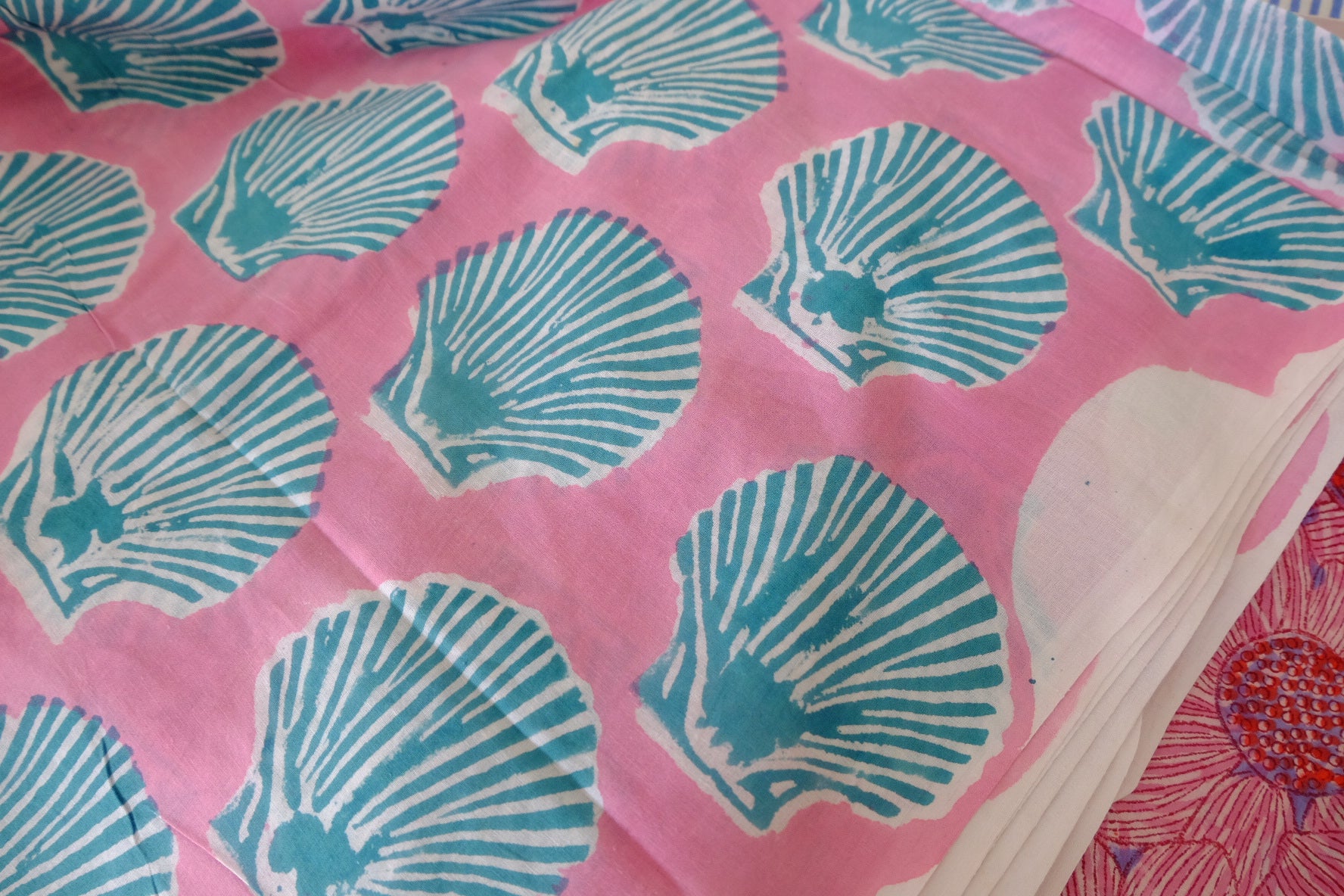 Hand Block Printed Indian Cotton Fabric – Shell Motif Pink Cotton – Sold by the Meter