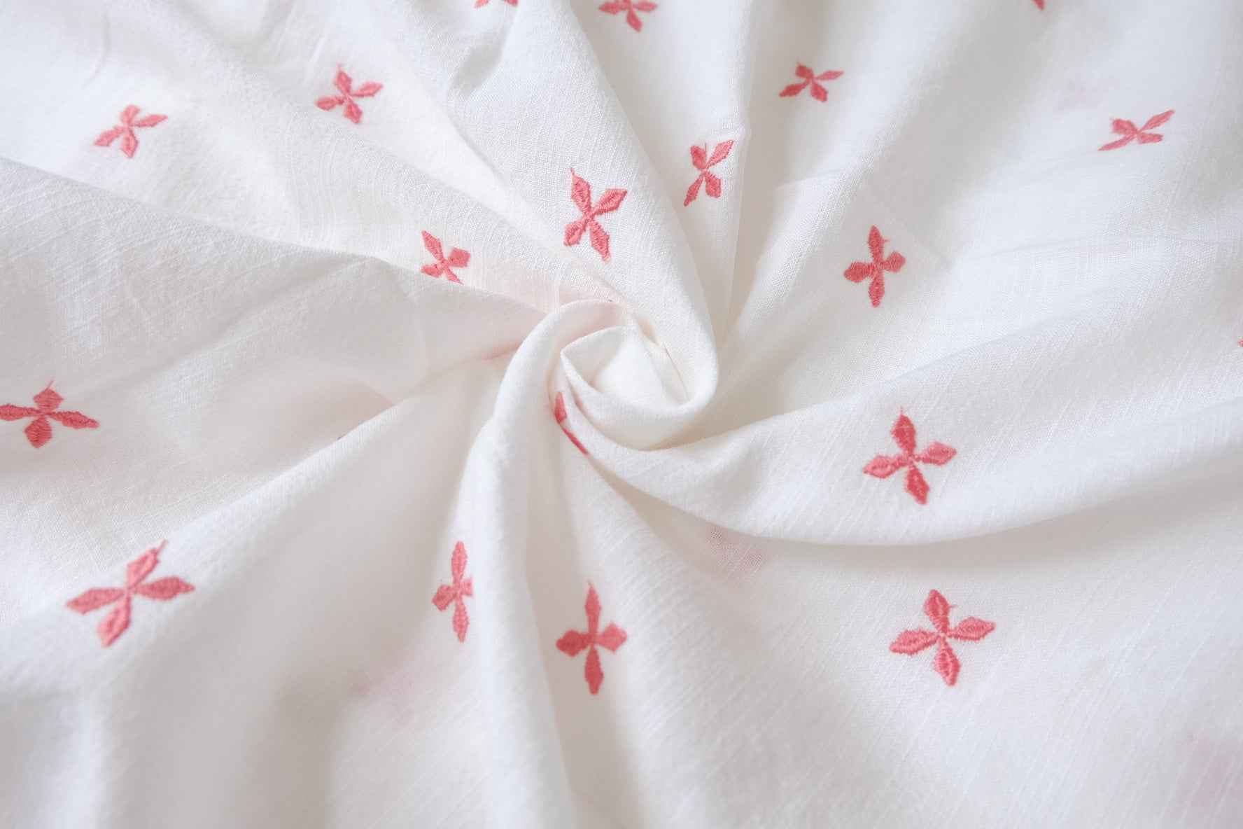Soft White Slub Cotton Linen Embroidered Fabric, Pink Floral Sprigs, 2.19 Yards