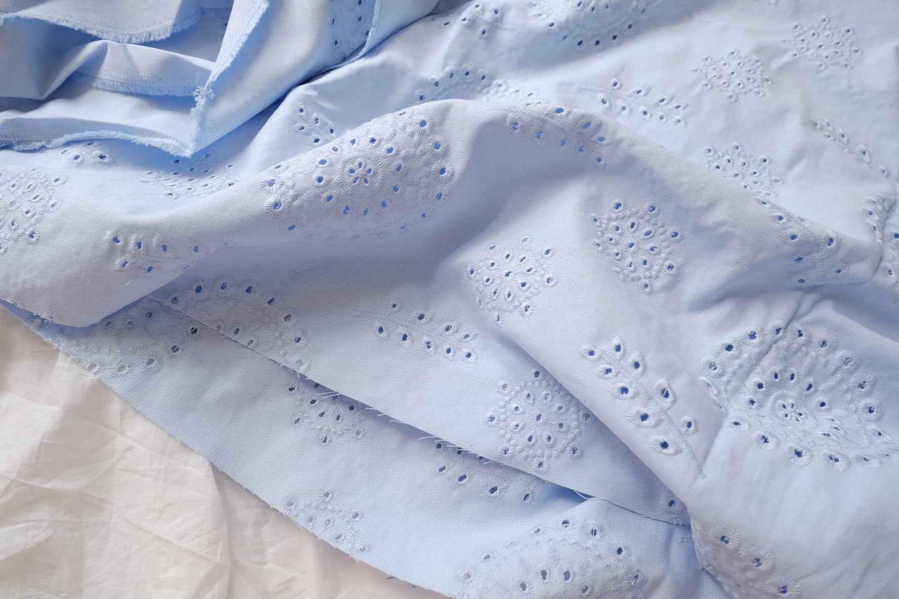 Powder Blue Embroidered Cotton Denim Fabric, Midweight for Trousers, 1.64 Yards