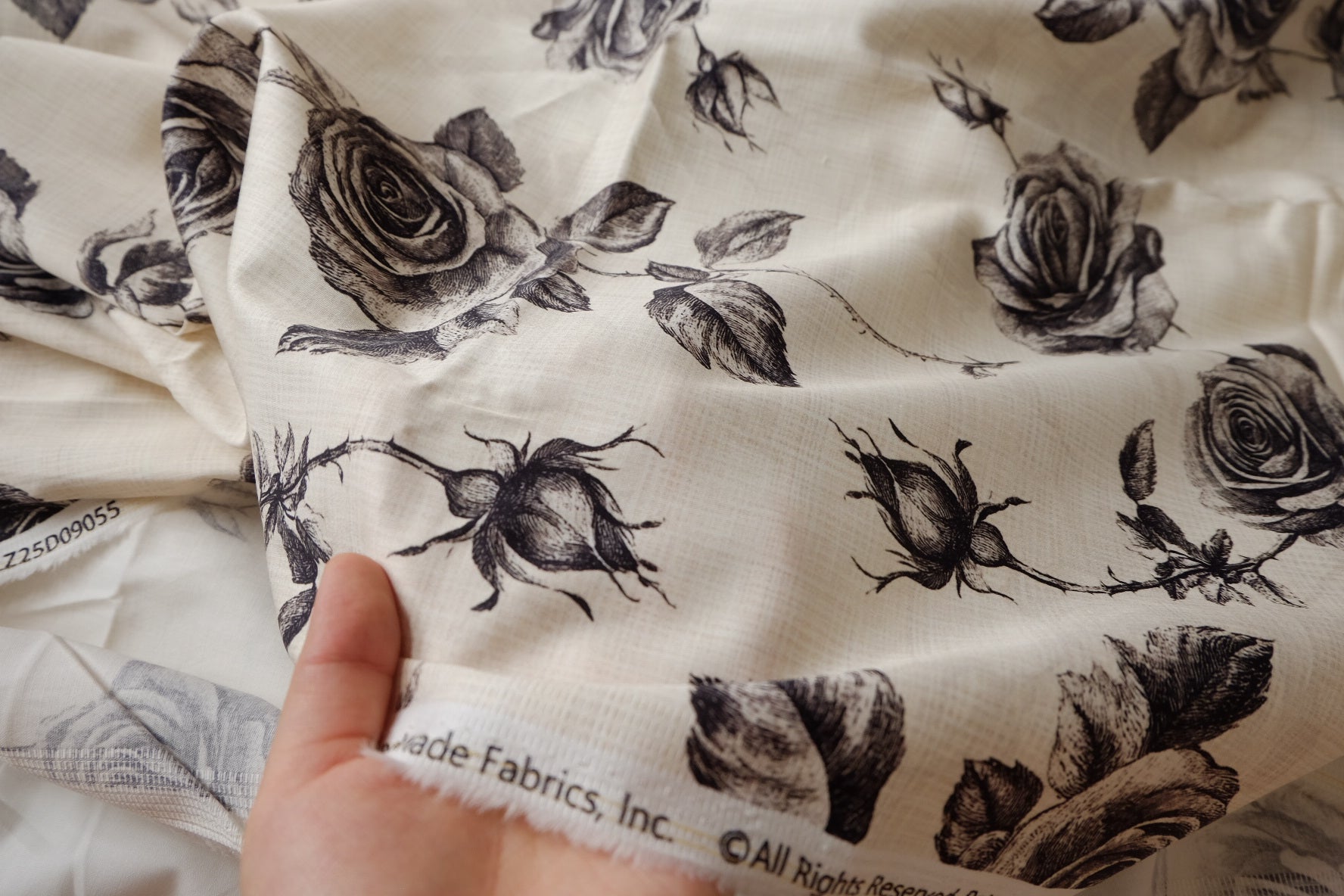 Black Rose Stretch Cotton Sateen Fabric - 3.28 yd