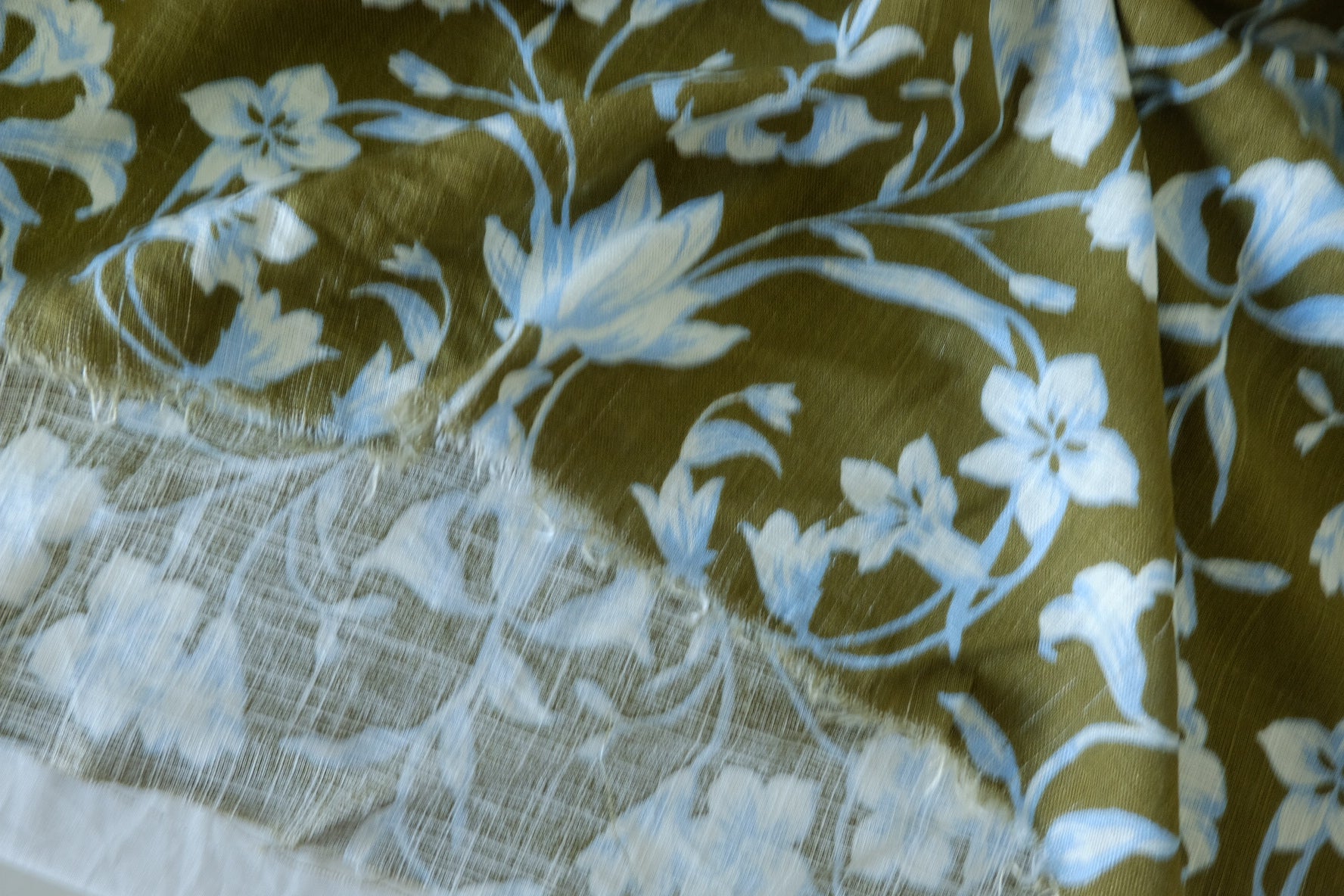Olive Blue Floral Cotton Linen Blend Fabric – 1.6 yd