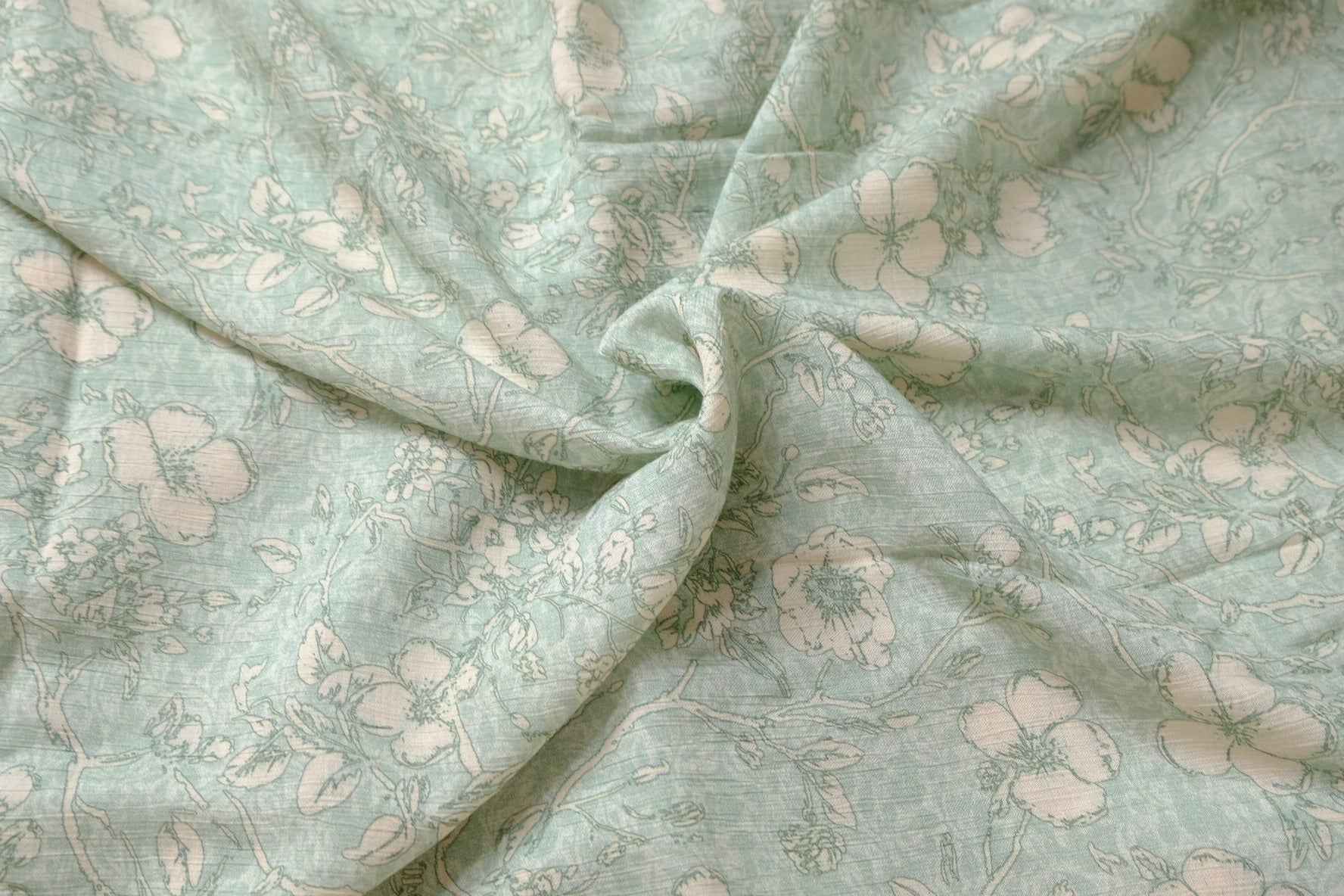 Mint/Blush Floral Textured Tencel Cotton Fabric, Lightweight Airy Dress Weight, 3.28 Yards