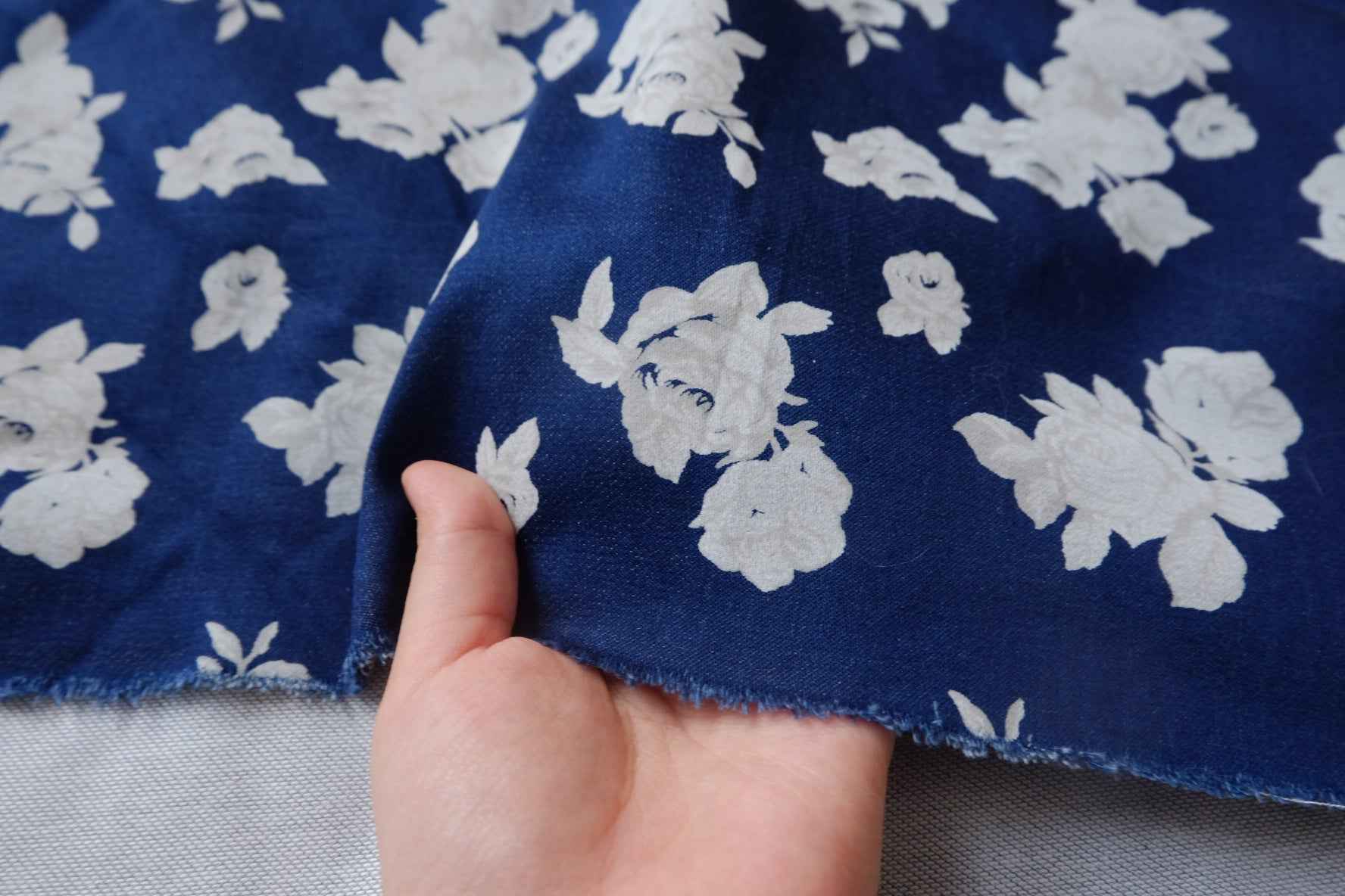 Navy Rose Printed Cotton Denim Fabric - 1.64 yd